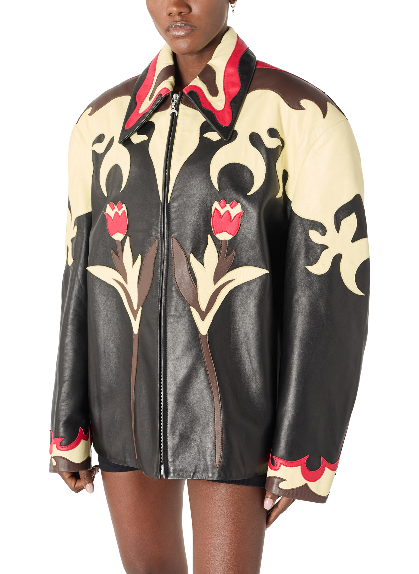 Blouson en cuir à patchs fleuris unisexe MARINE SERRE Noir