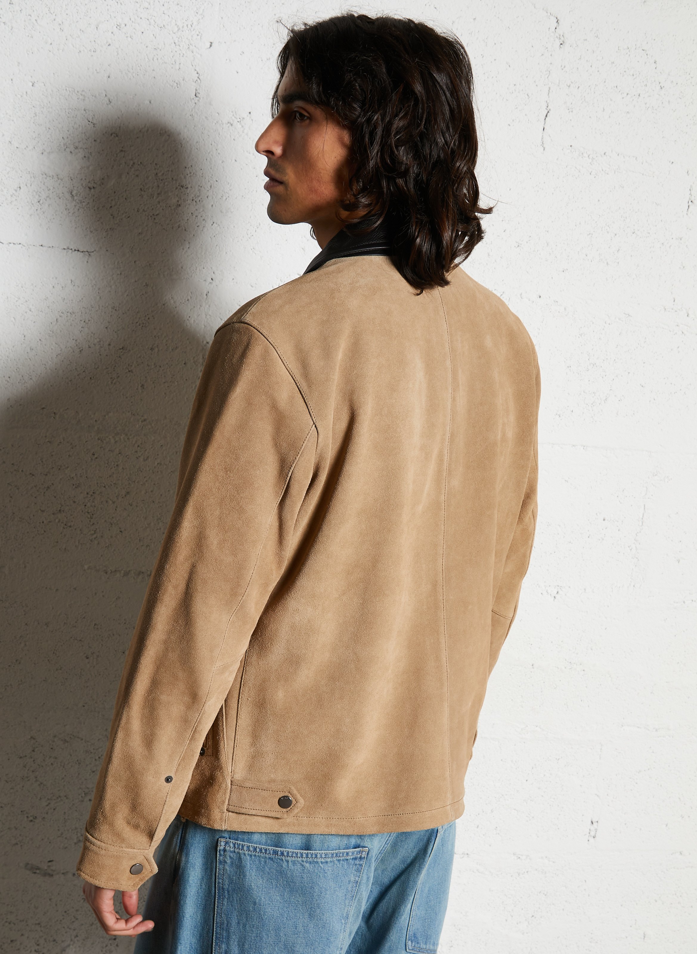 Blouson col classique en cuir velours IKKS Beige