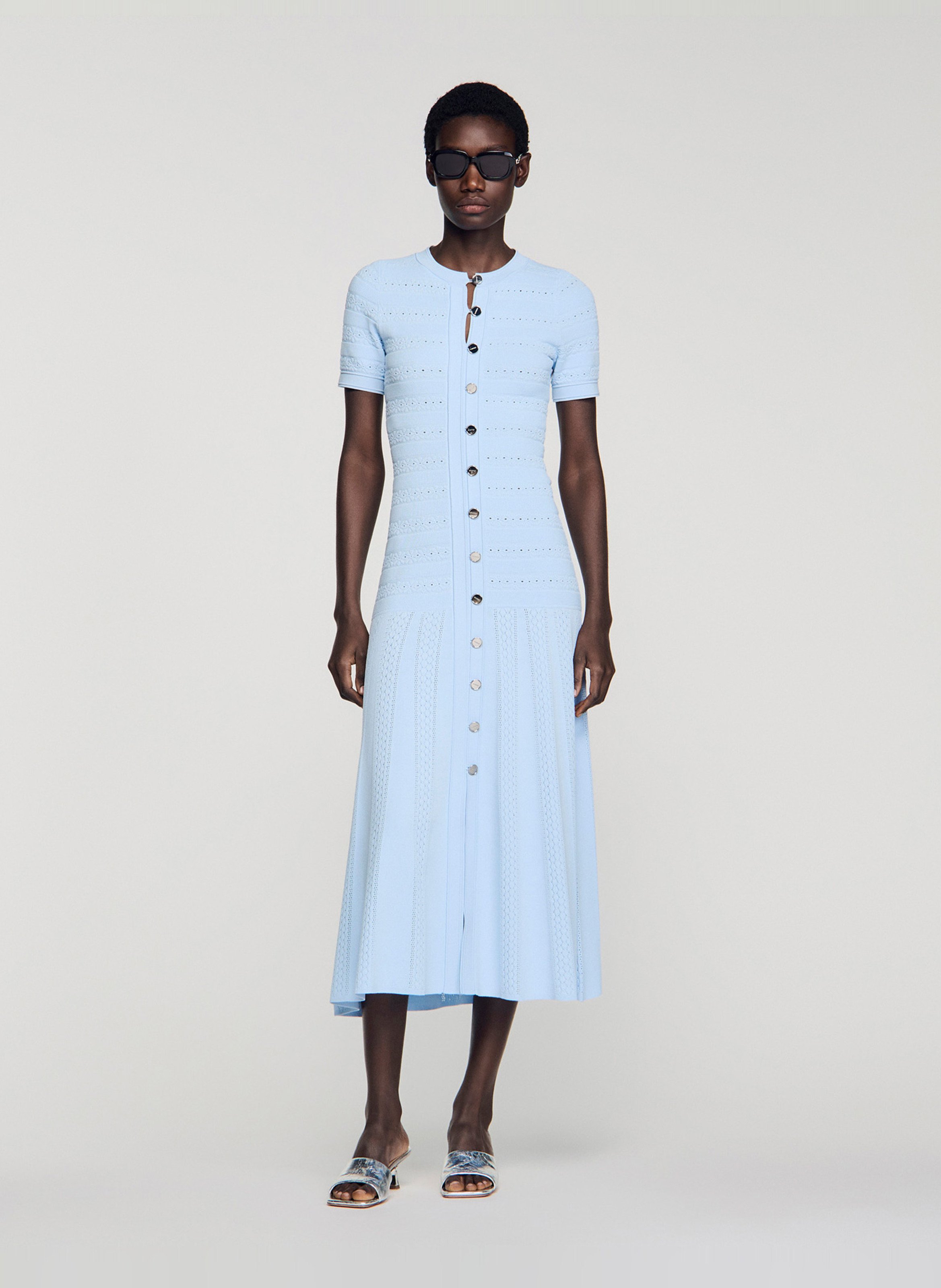 Robe longue évasée col rond SANDRO Bleu