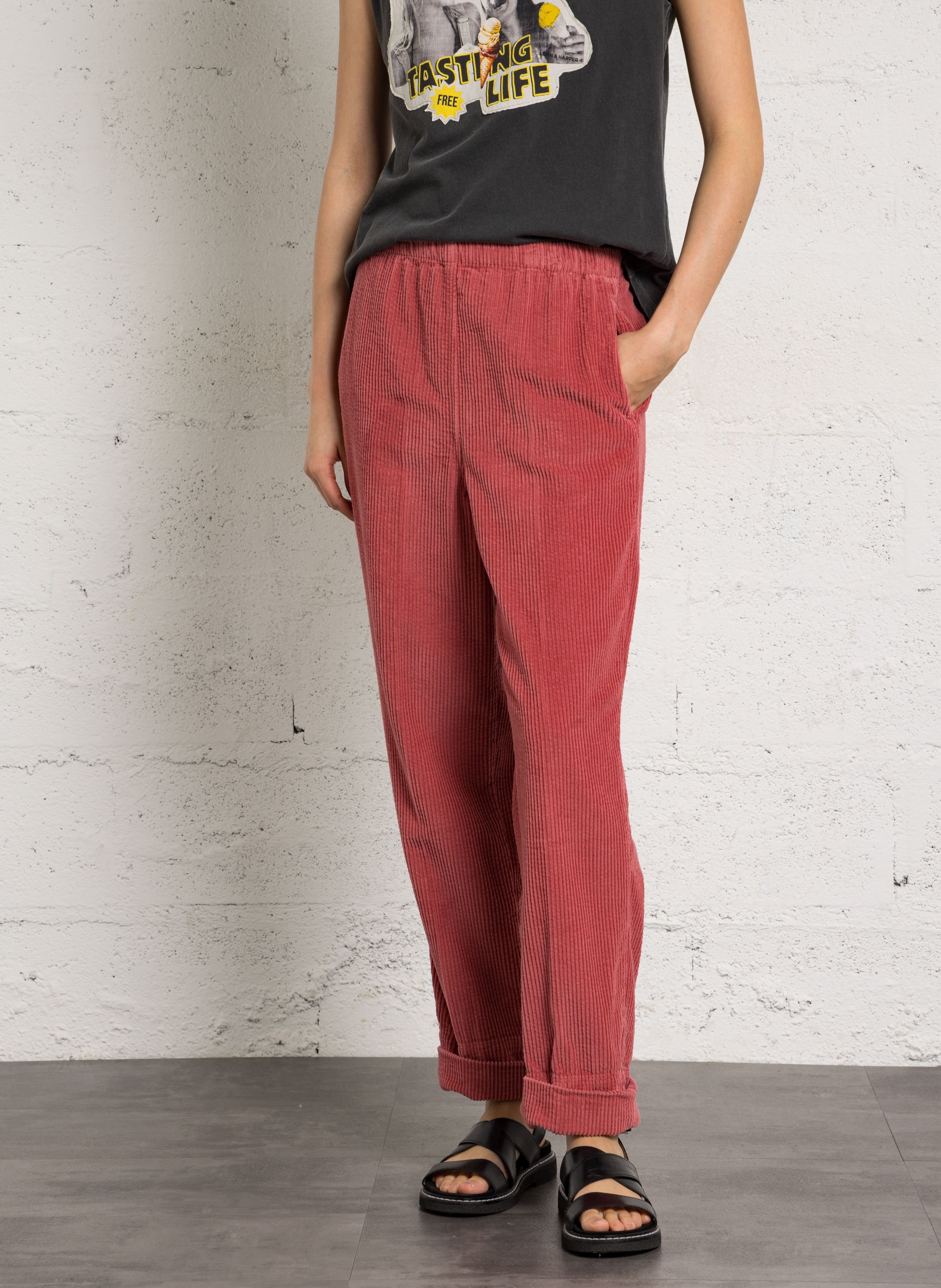 Pantalon large taille haute en velours côtelé padow AMERICAN VINTAGE Rouge