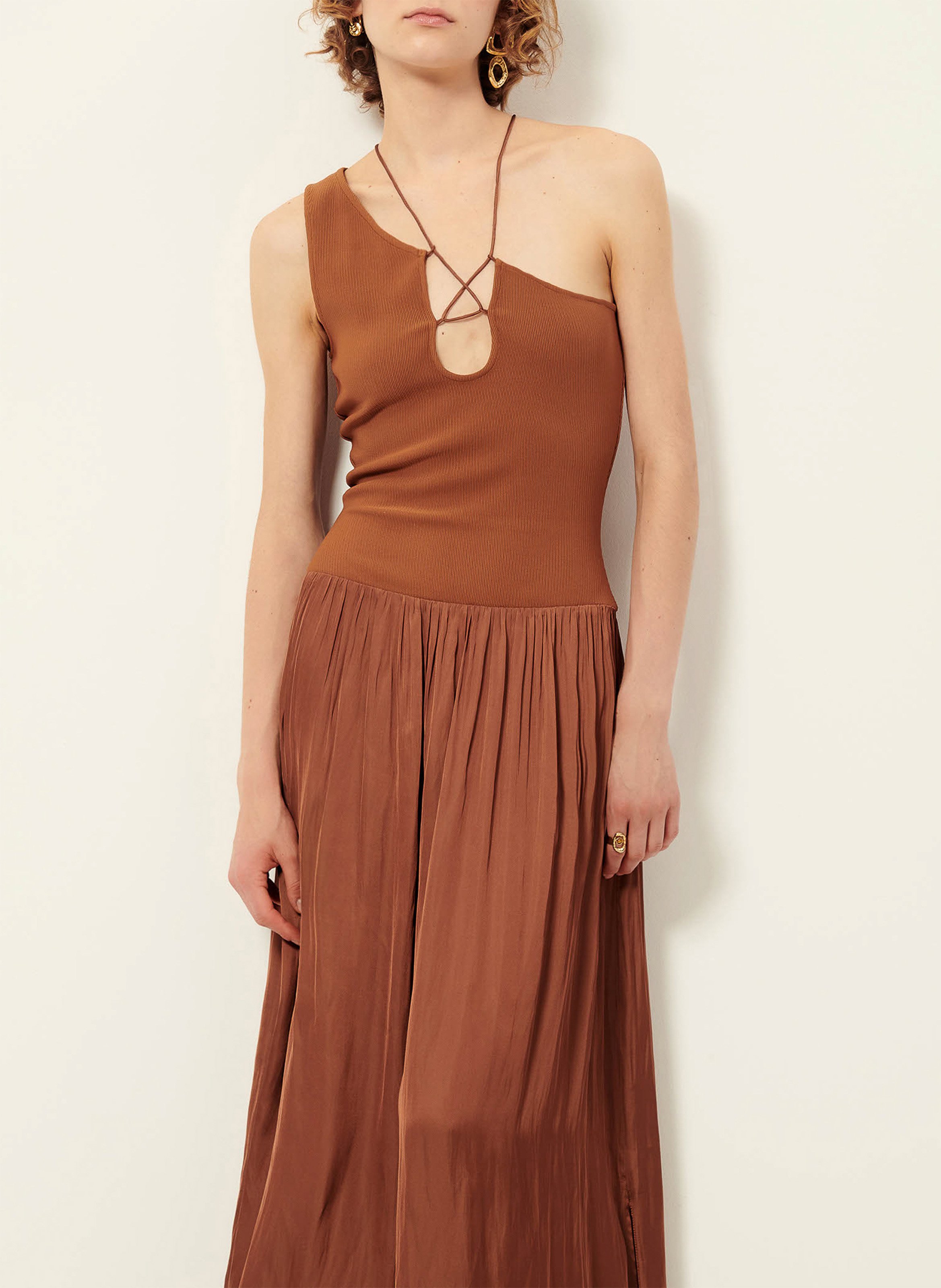 Robe longue asymétrique en jersey fin côtelé mambossa SESSUN Marron