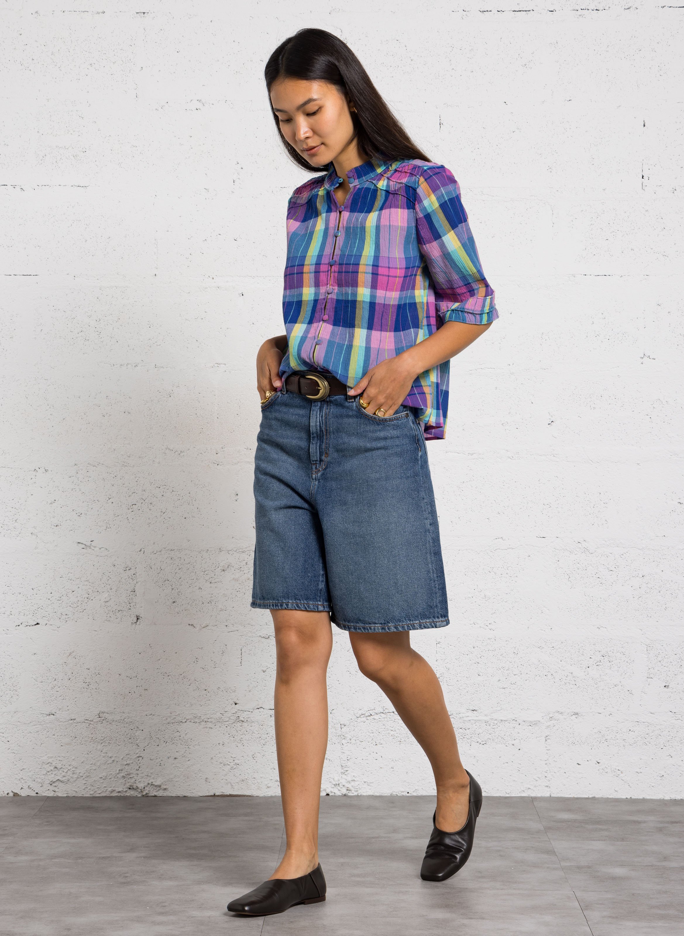 Chemise droite col rond en coton imprimé magda MAISON 123 Bleu