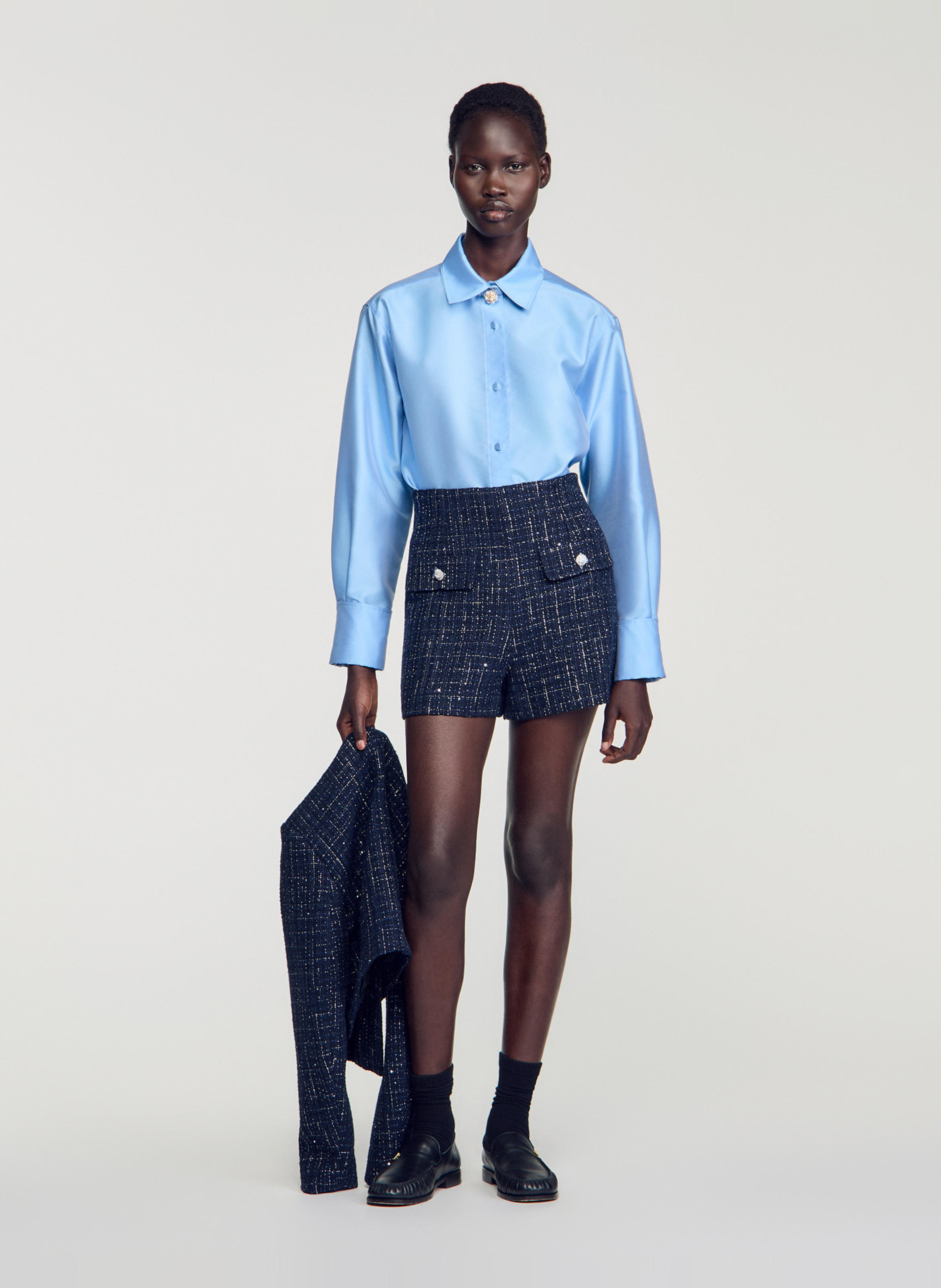 Short droit taille haute en tweed SANDRO Bleu