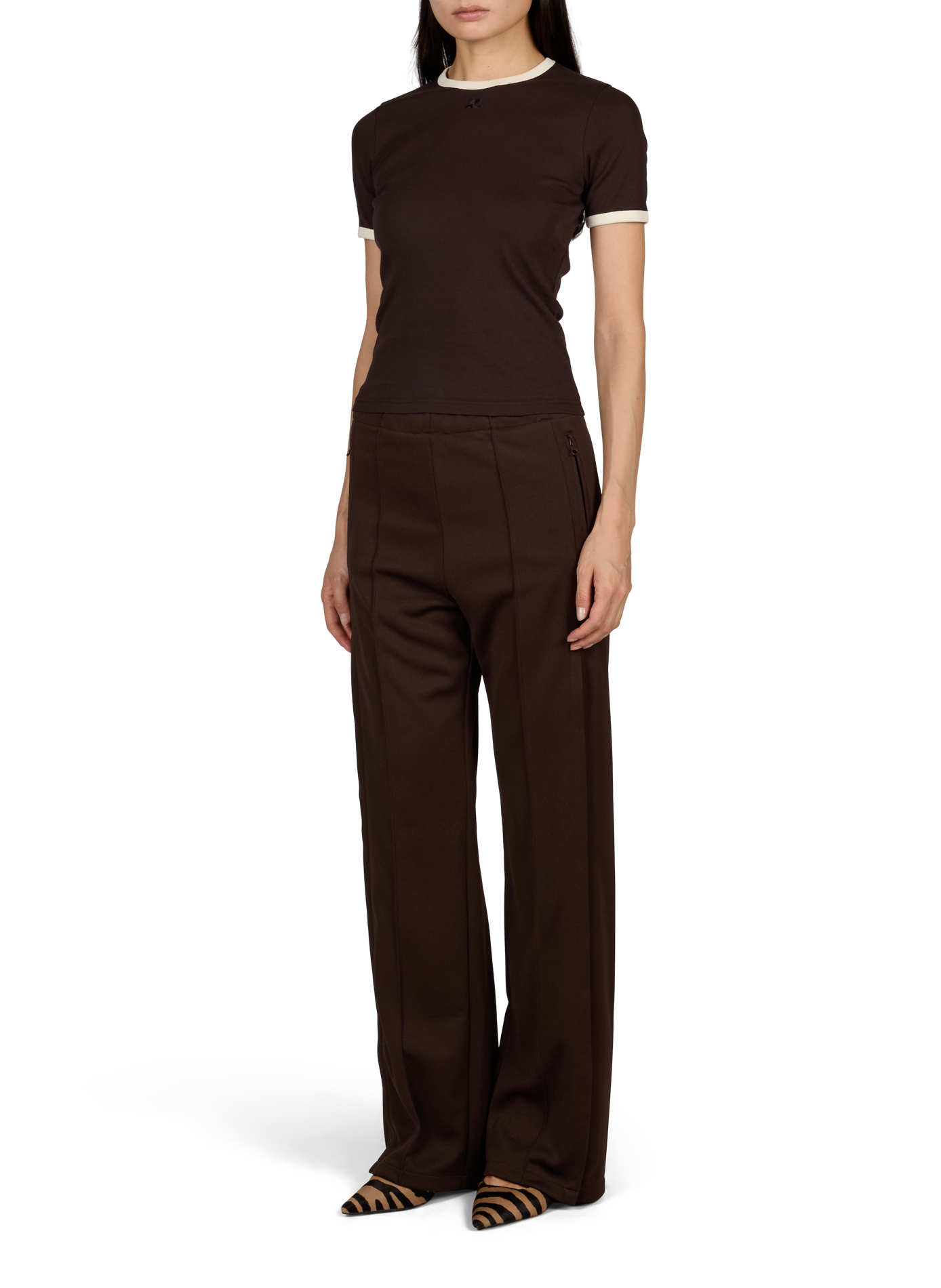 Signature straight contrast T-shirt with round neck in cotton COURRÈGES Brown