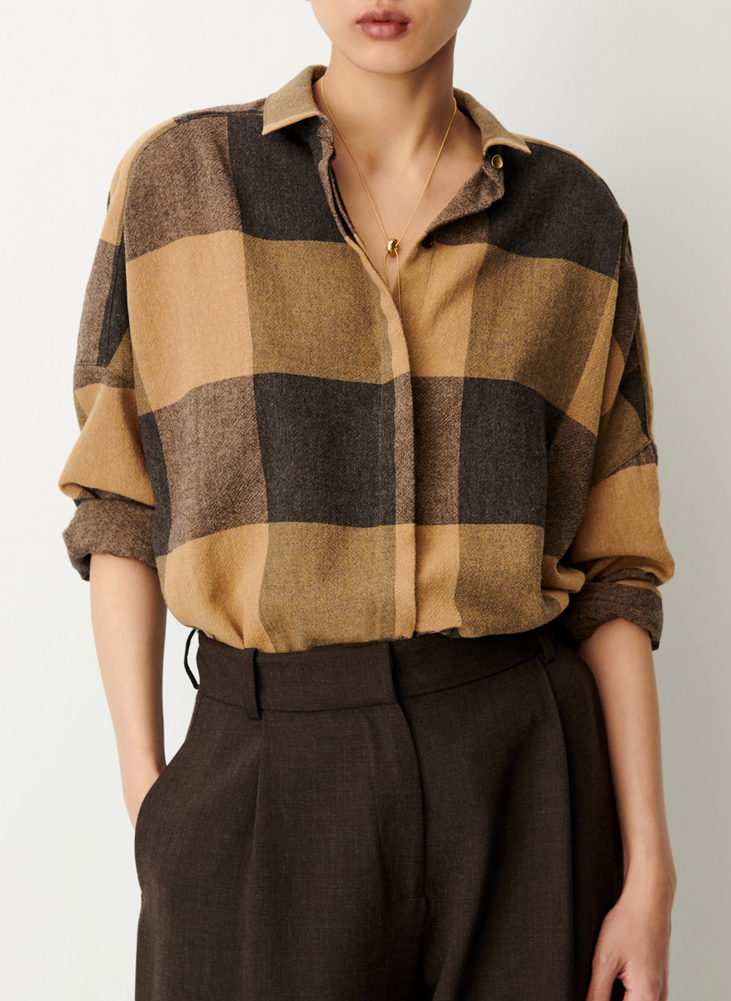 Chemise col classique ample en laine mélangée imprimée deliwool SESSUN Marron