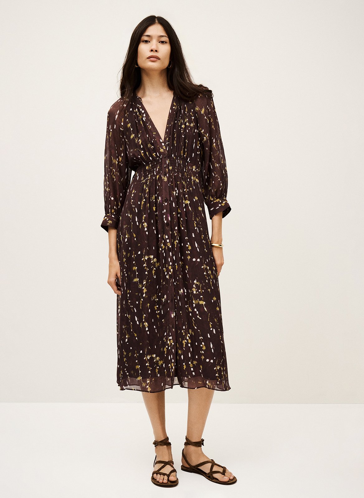 BA&SH Robe midi col tunisien imprimée karla Marron