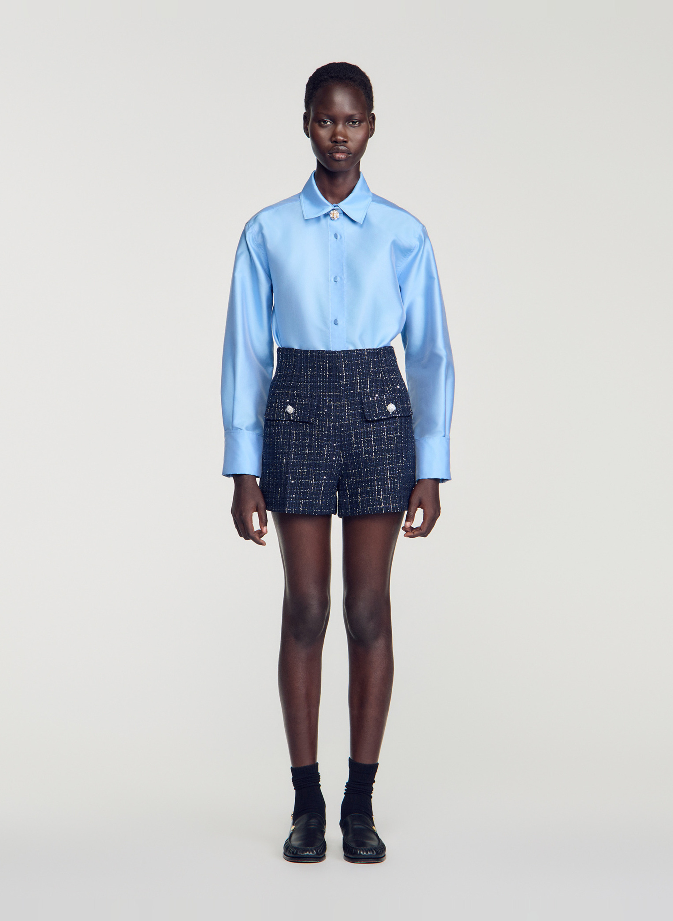 Short droit taille haute en tweed SANDRO Bleu