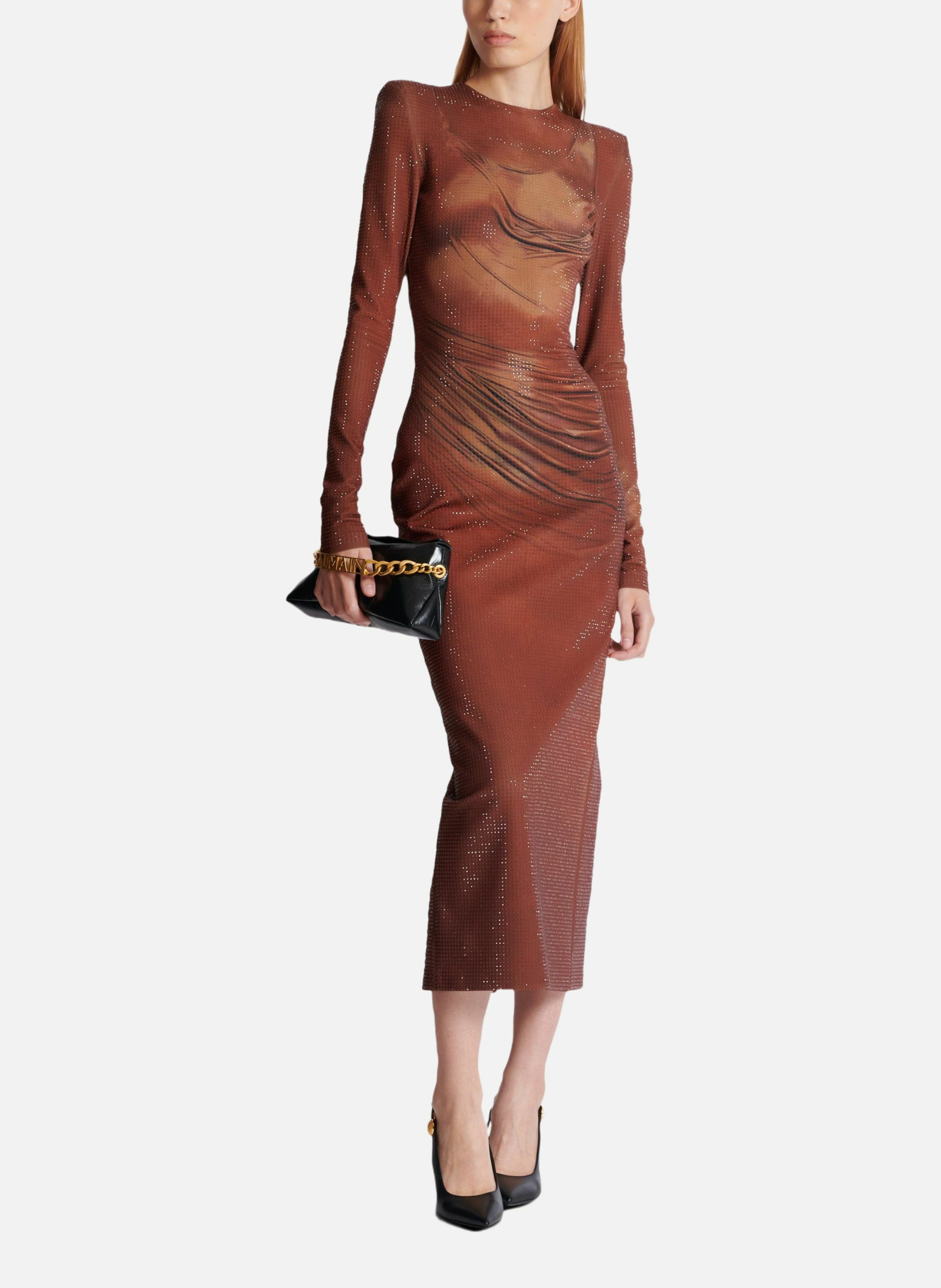 Robe longue imprimée et strassée BALMAIN Marron
