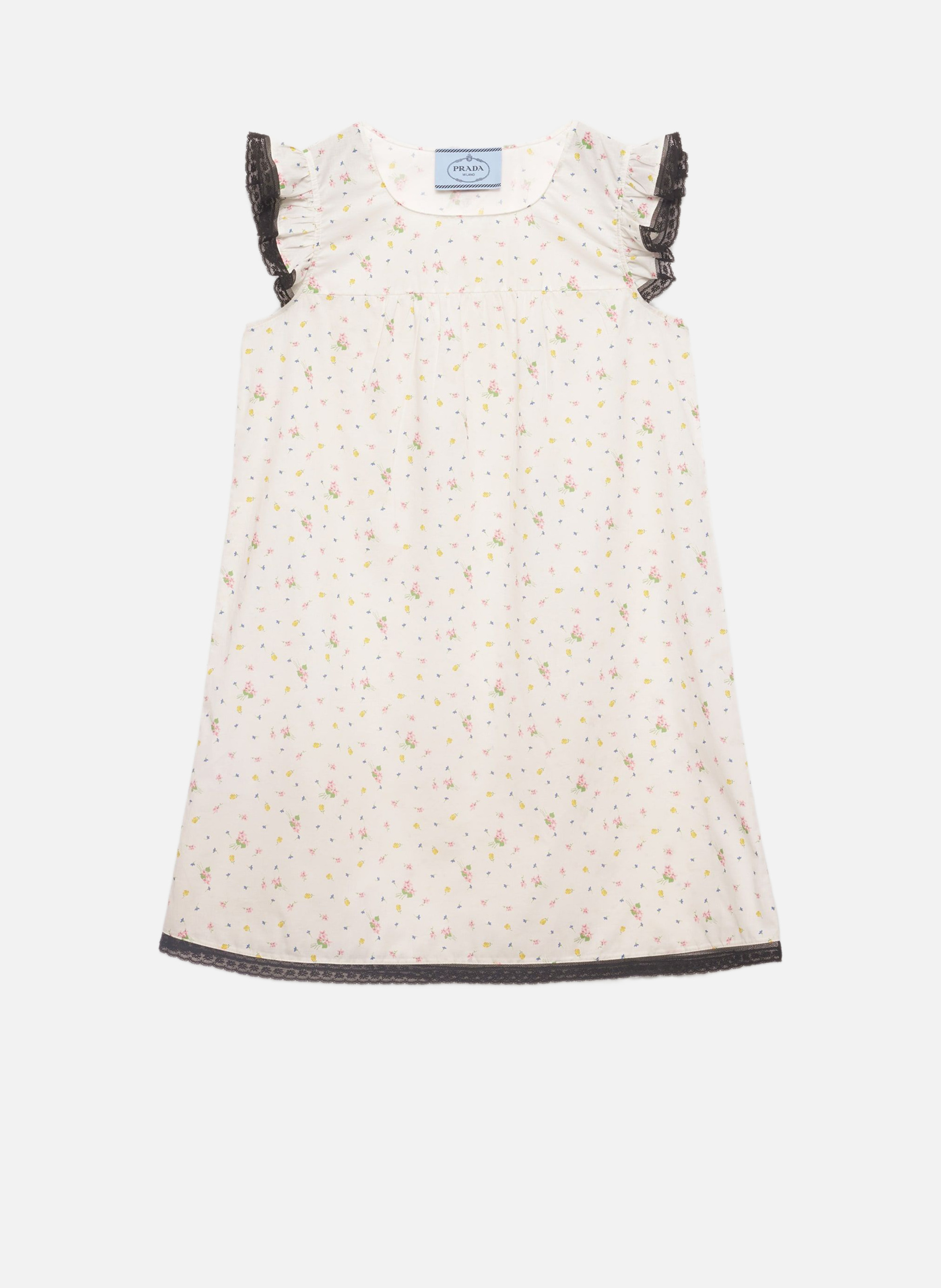 Robe courte en batiste de coton à imprimé fleurs PRADA Blanc