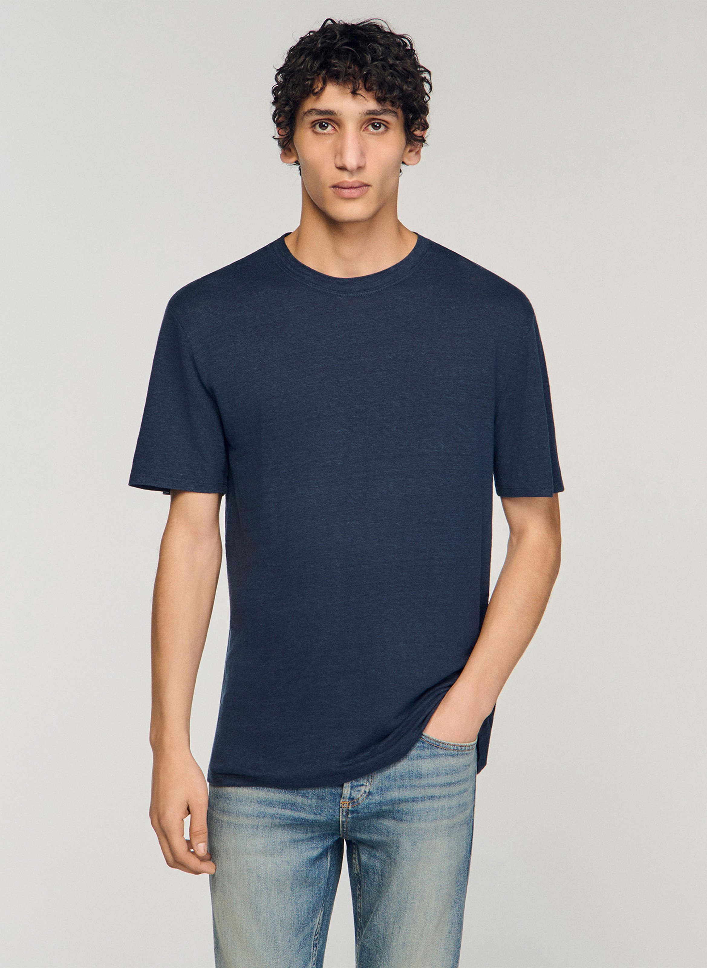 Tee-shirt col rond regular-fit en lin SANDRO Bleu