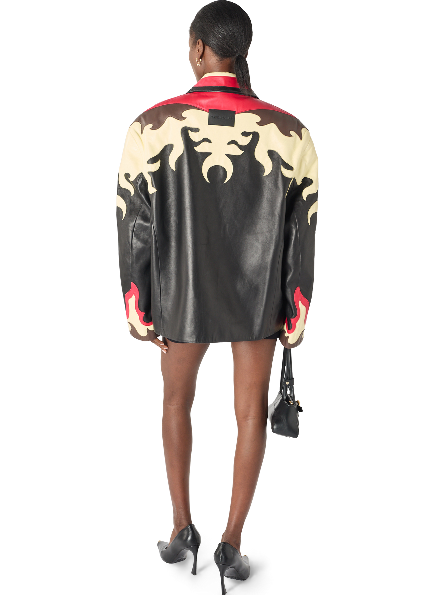 Blouson en cuir à patchs fleuris unisexe MARINE SERRE Noir