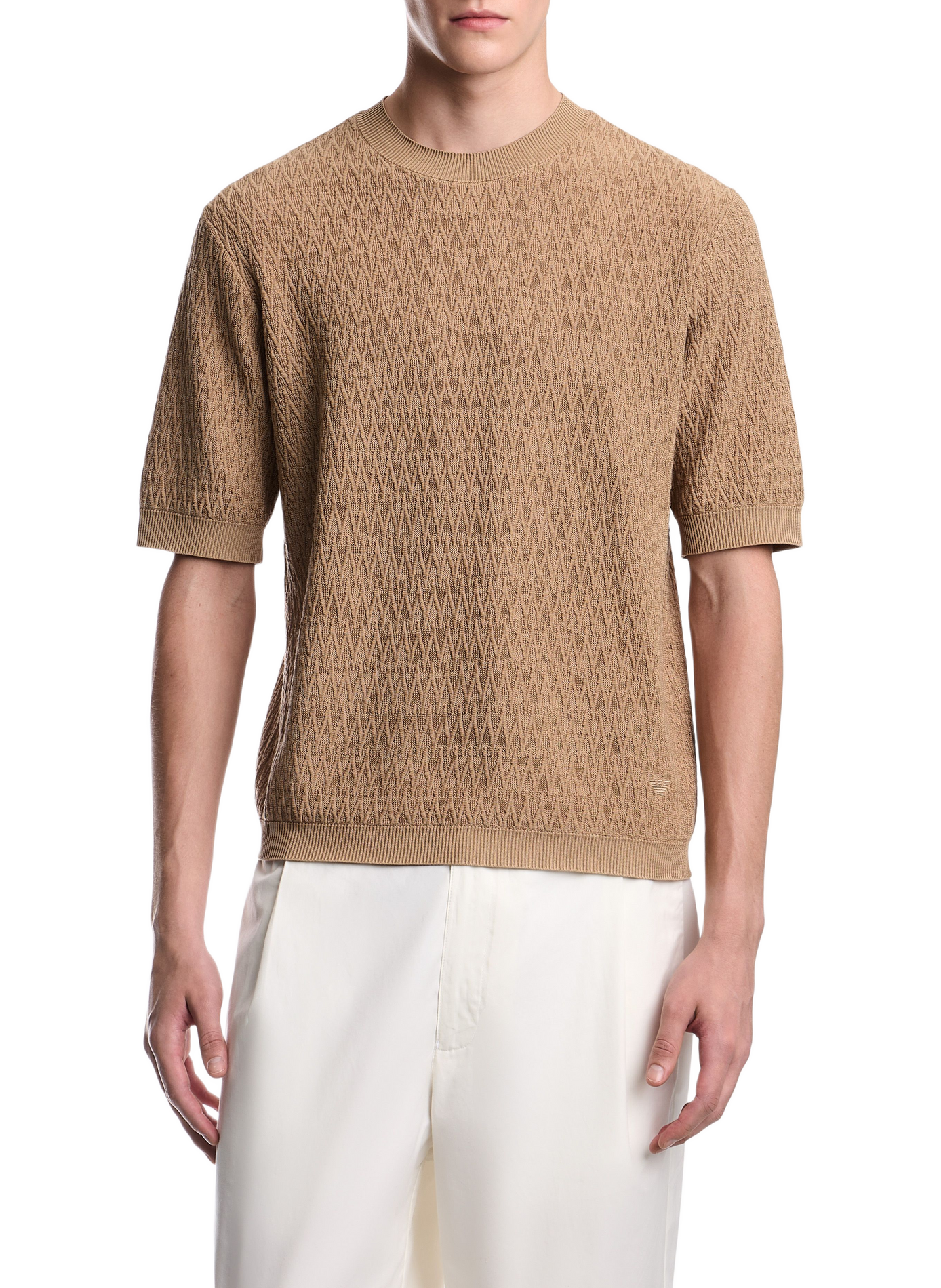 Short-sleeved chevron knit cotton sweater EMPORIO ARMANI Beige