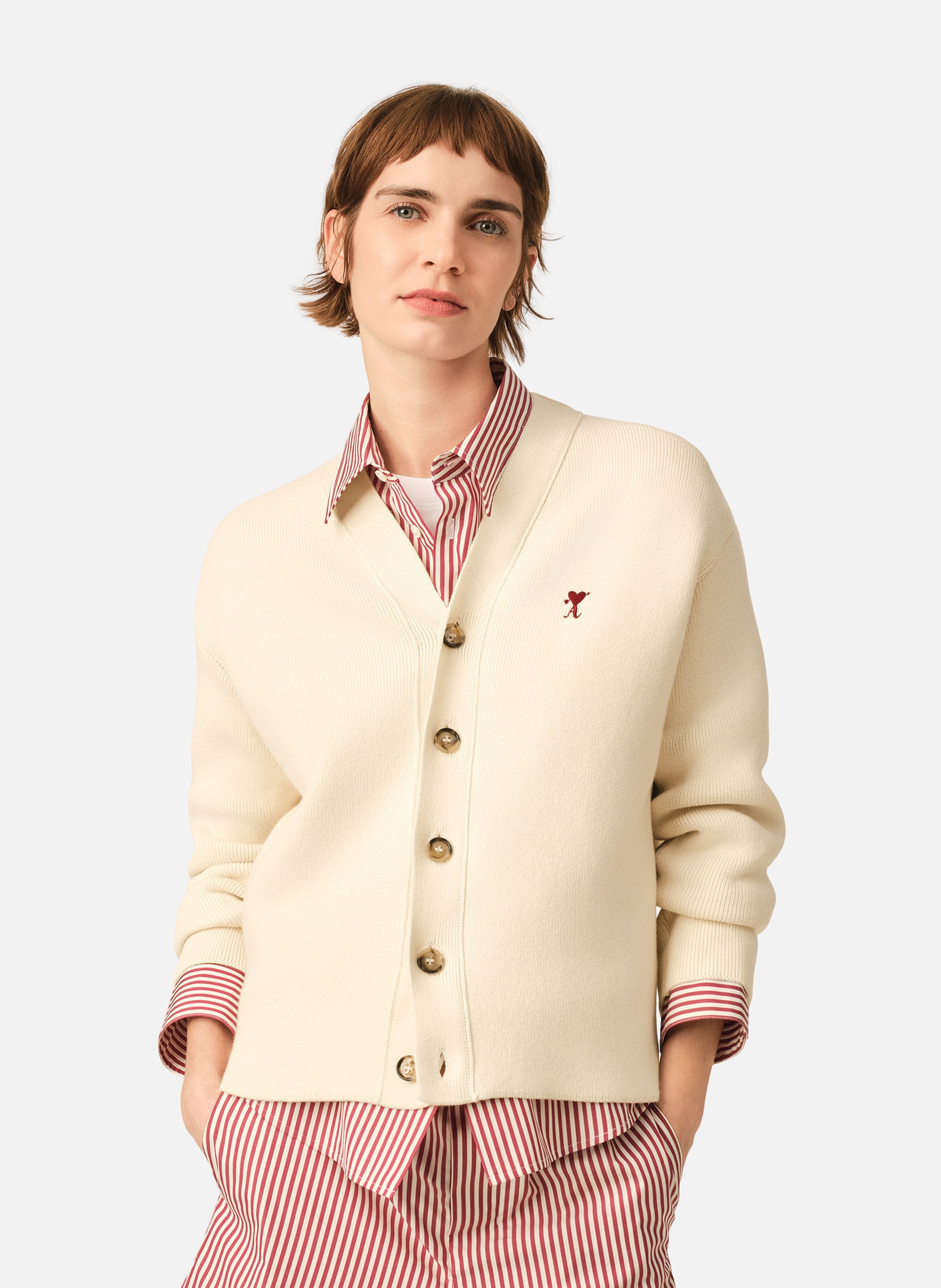 Cardigan ami de coeur flèche en coton et laine AMI PARIS Blanc