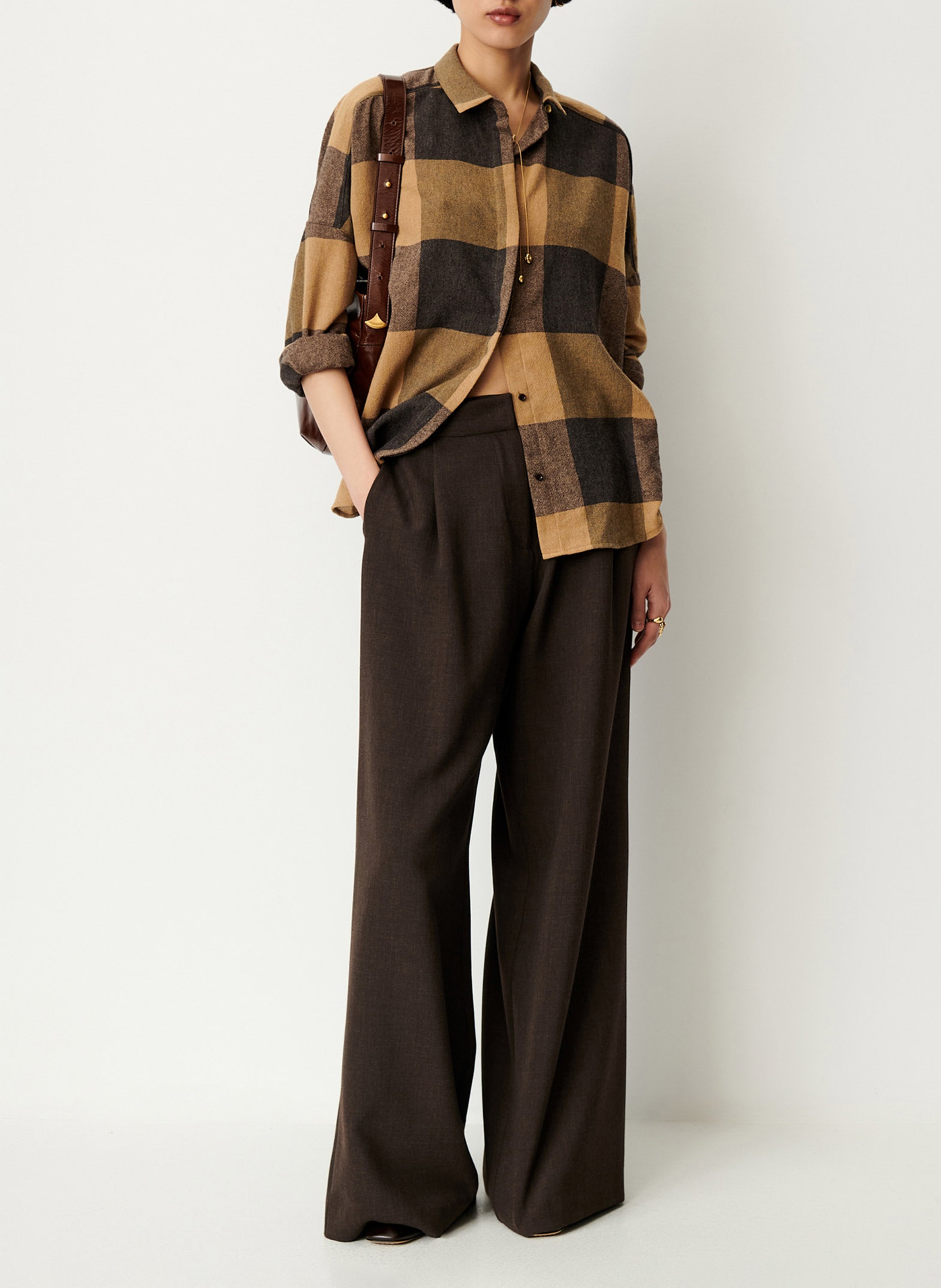 Chemise col classique ample en laine mélangée imprimée deliwool SESSUN Marron
