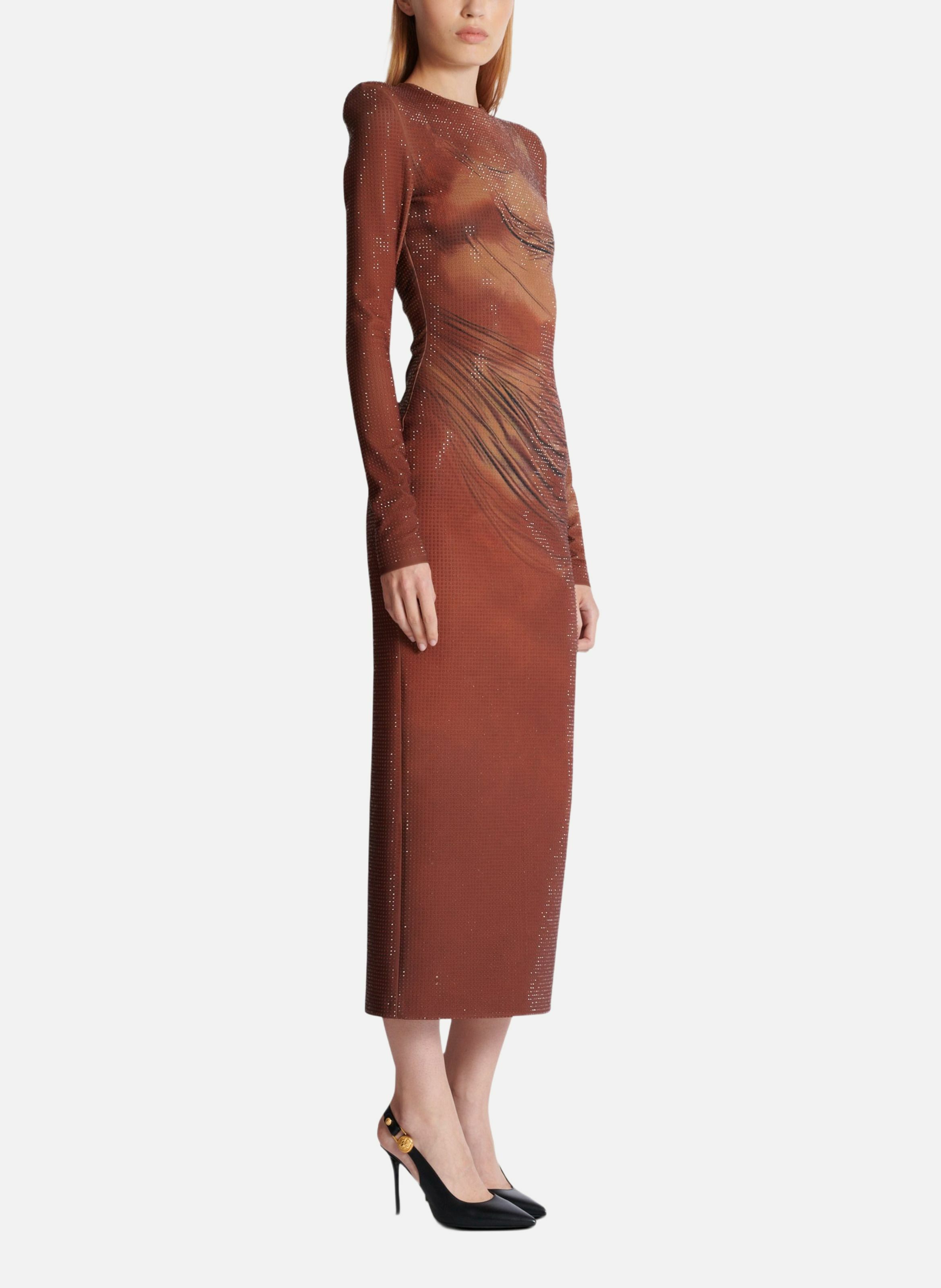 Robe longue imprimée et strassée BALMAIN Marron