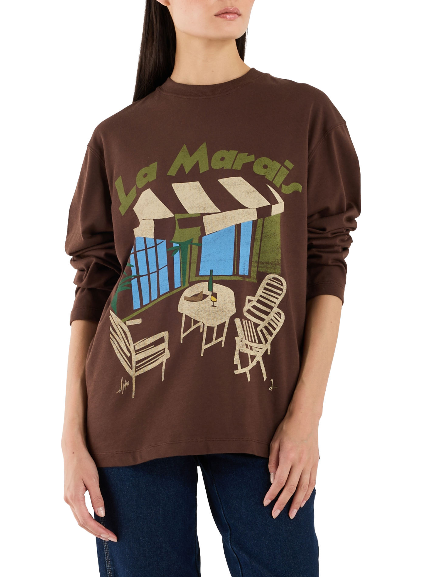 TOPSHOP T-shirt manches longues imprimé en coton Marron