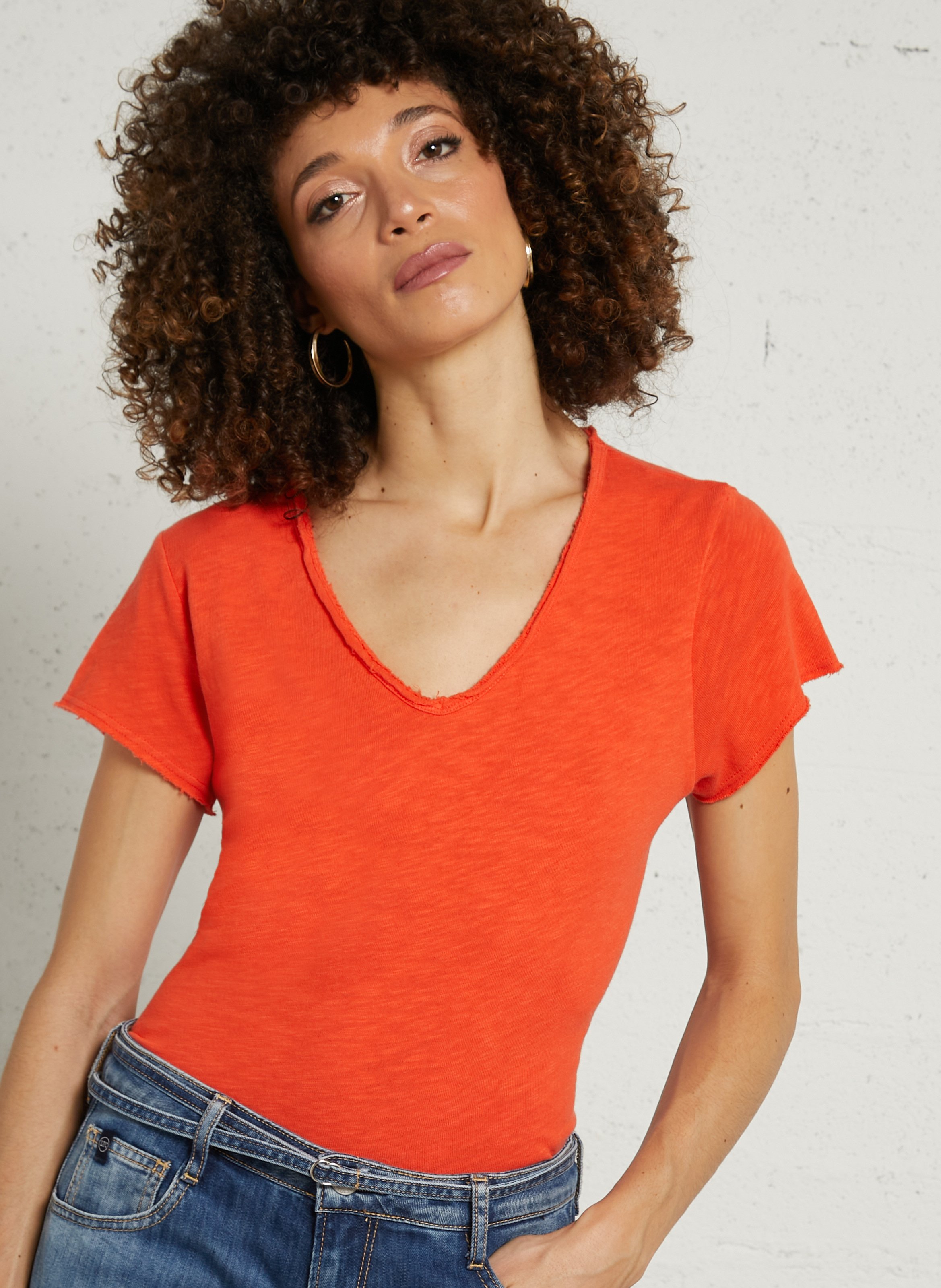 Tee-shirt droit col v en coton sonoma  Gaspacho vintage