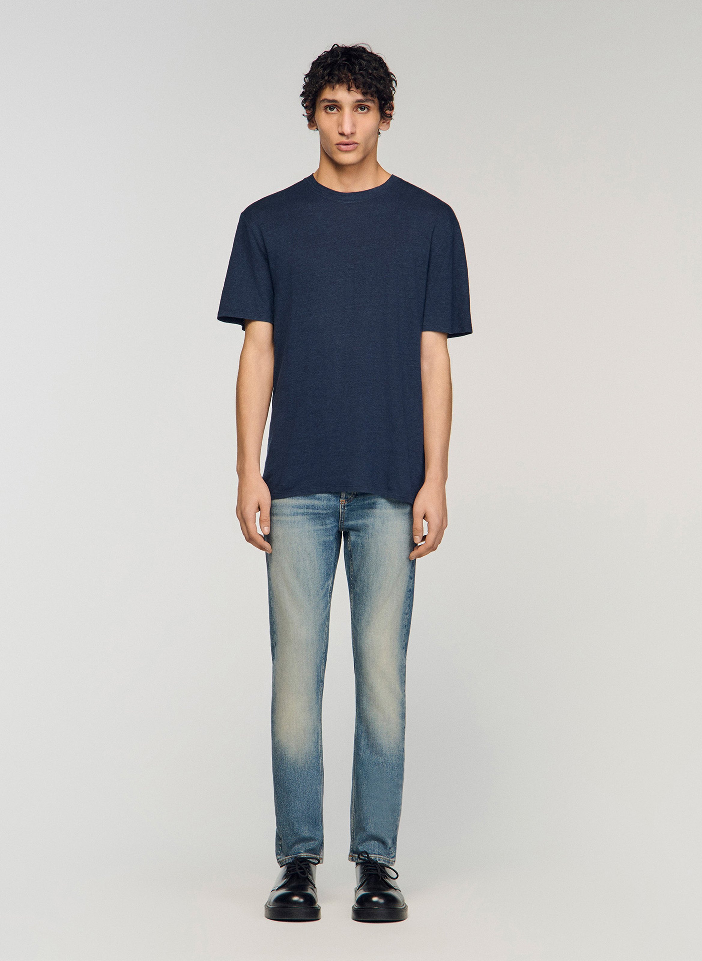 Tee-shirt col rond regular-fit en lin SANDRO Bleu