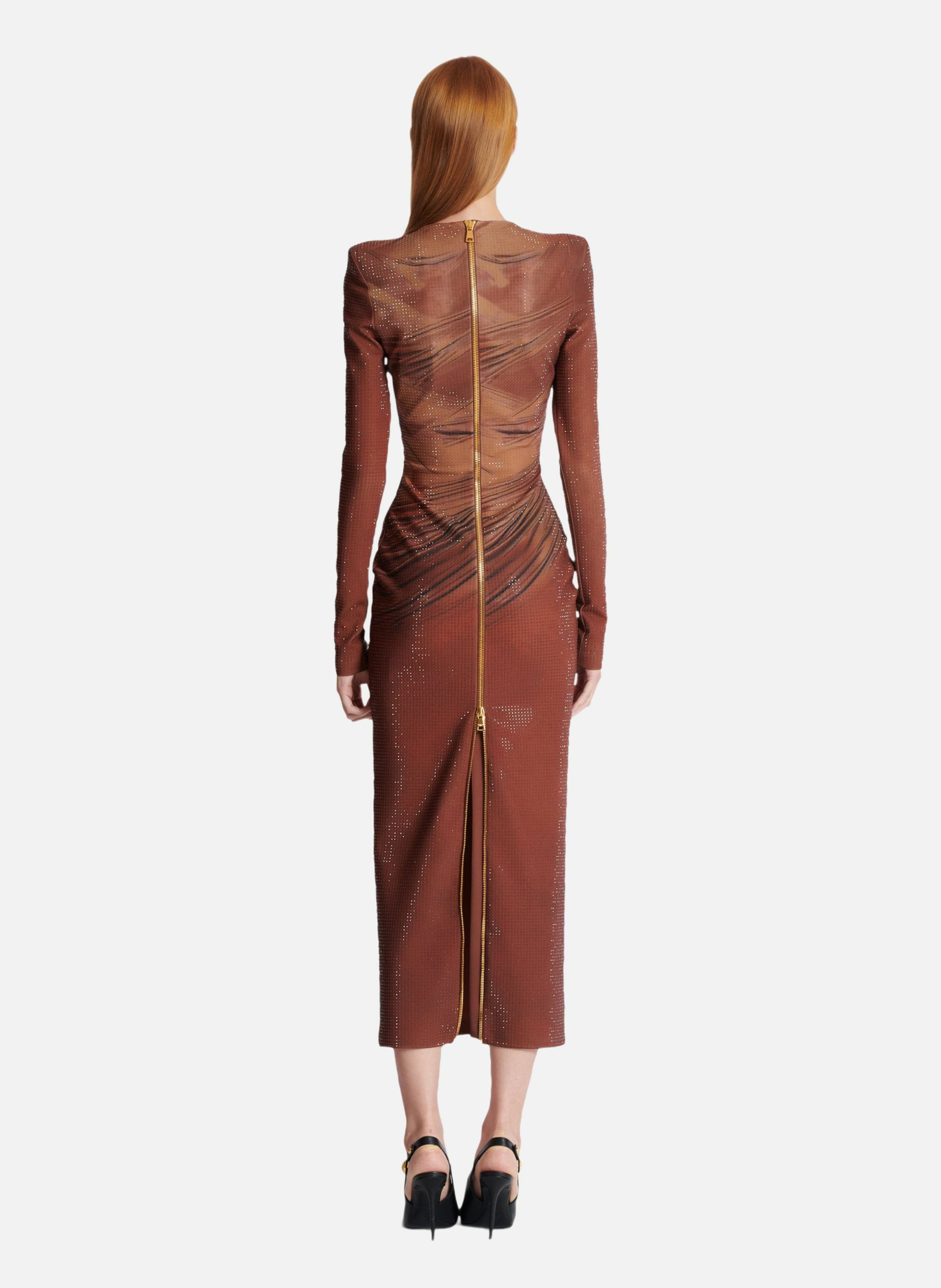 Robe longue imprimée et strassée BALMAIN Marron