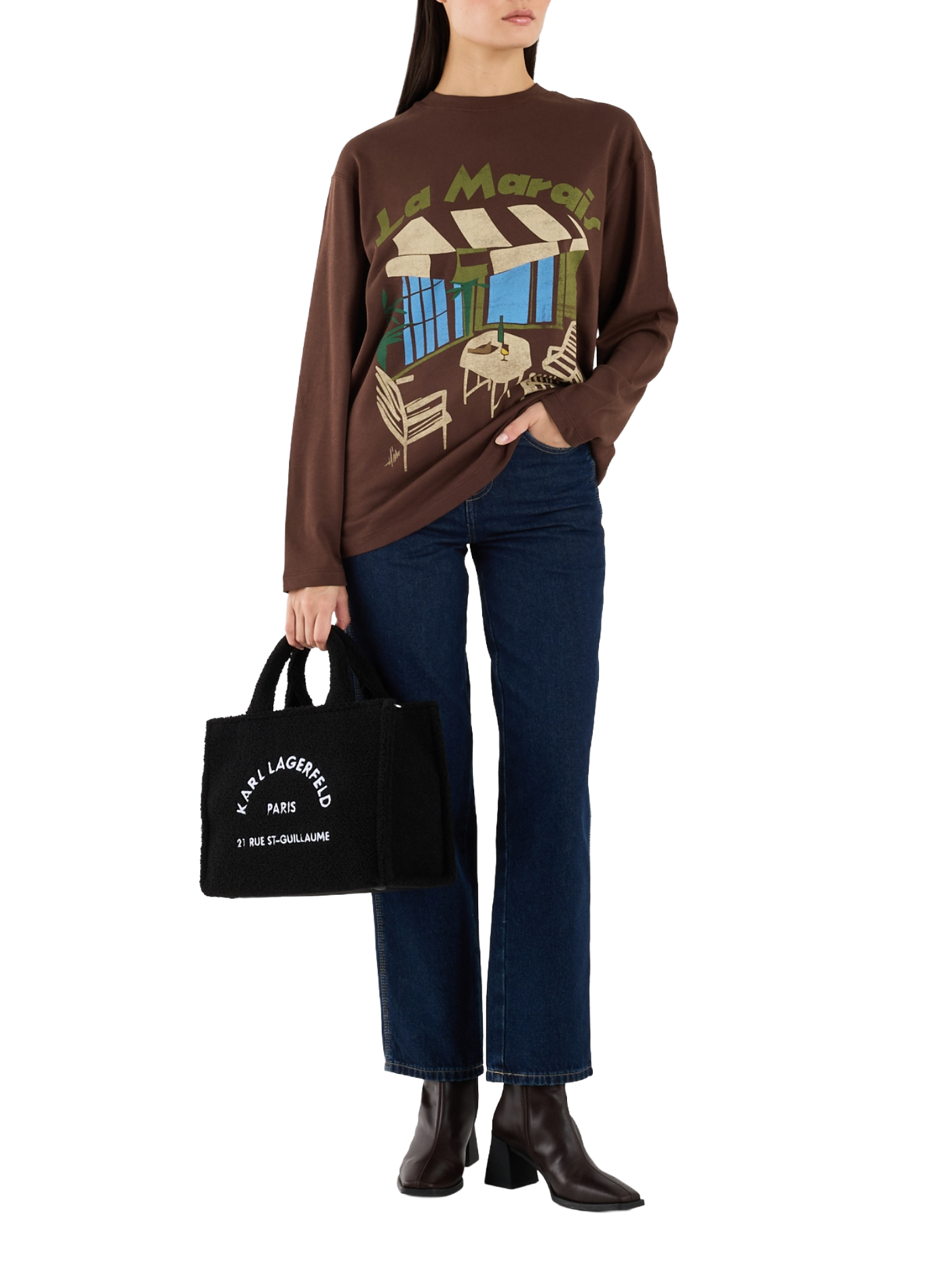 T-shirt manches longues imprimé en coton TOPSHOP Marron