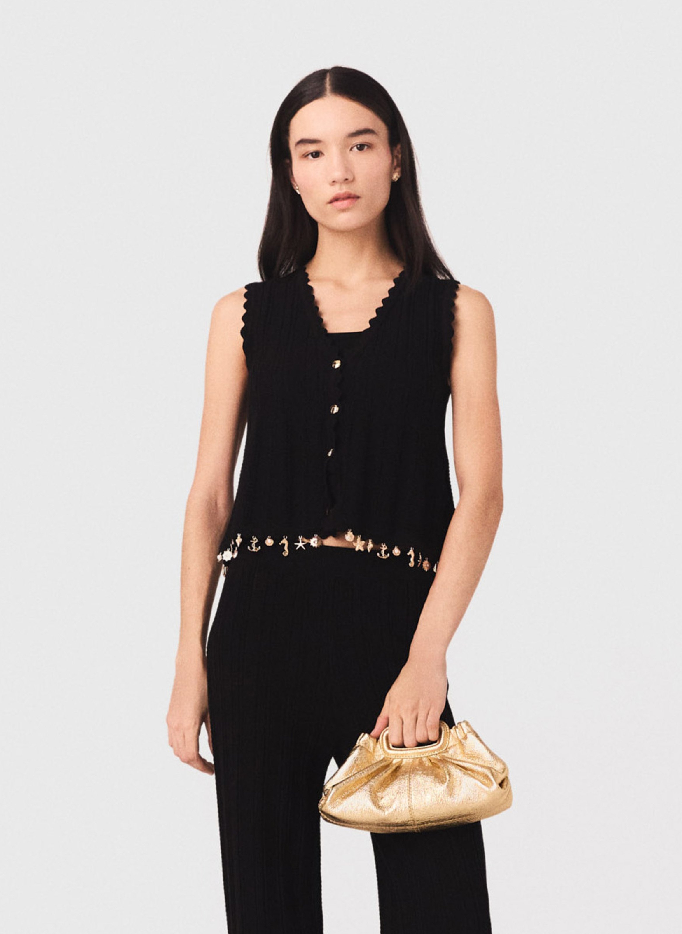 Gilet droit col v en coton mélangé MAJE Noir