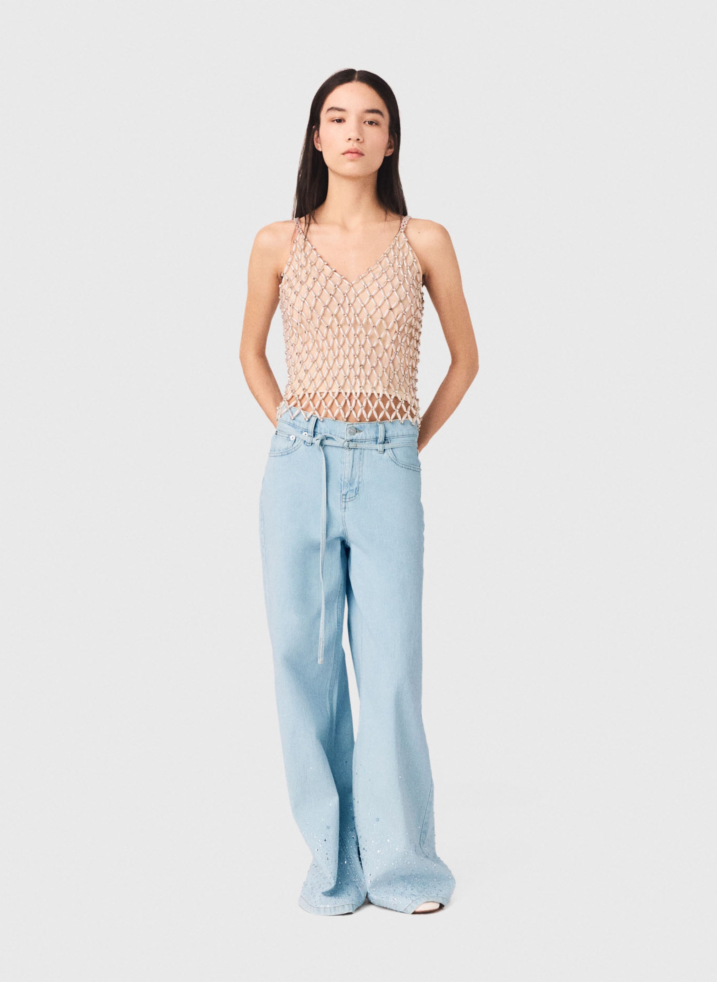 Top droit col v à strass MAJE Beige