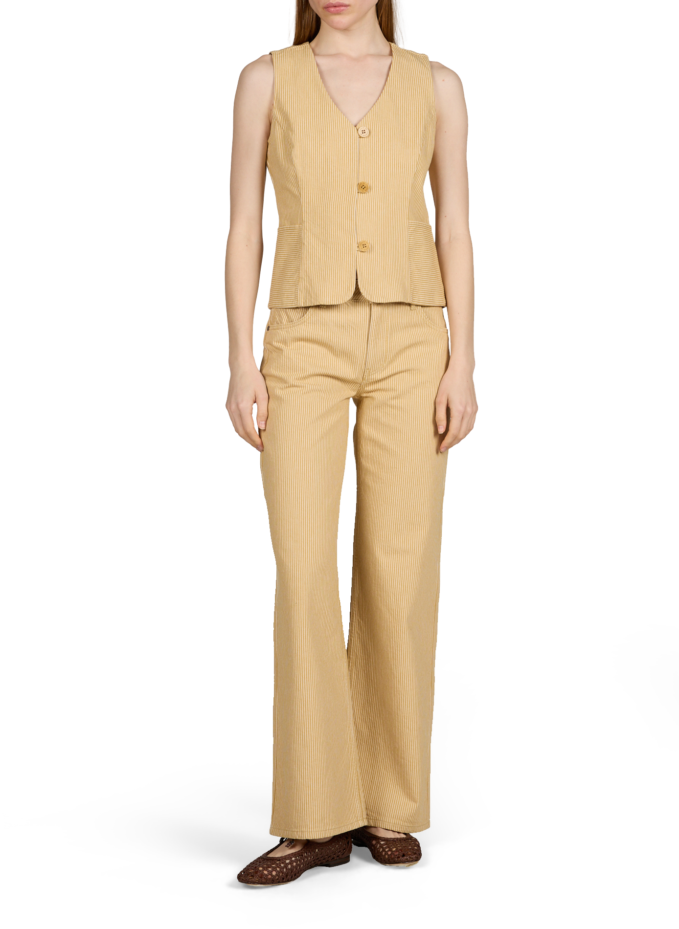 Gilet tailleur cintré à rayures THINKING MU Beige