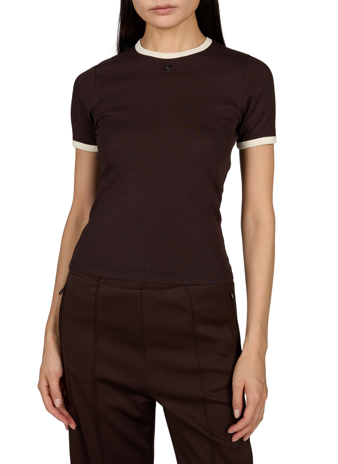 Signature straight contrast T-shirt with round neck in cotton COURRÈGES Brown