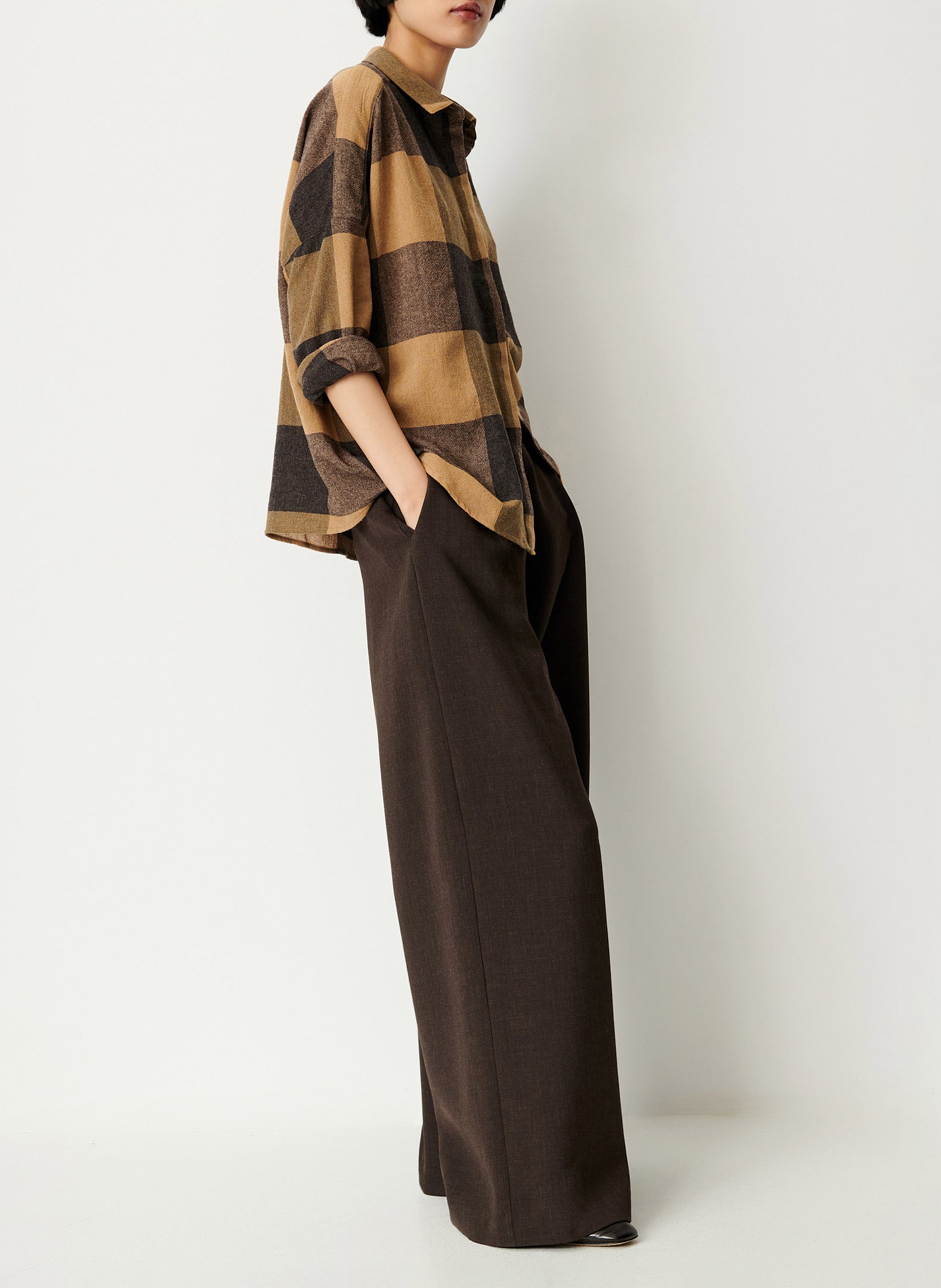 Chemise col classique ample en laine mélangée imprimée deliwool SESSUN Marron