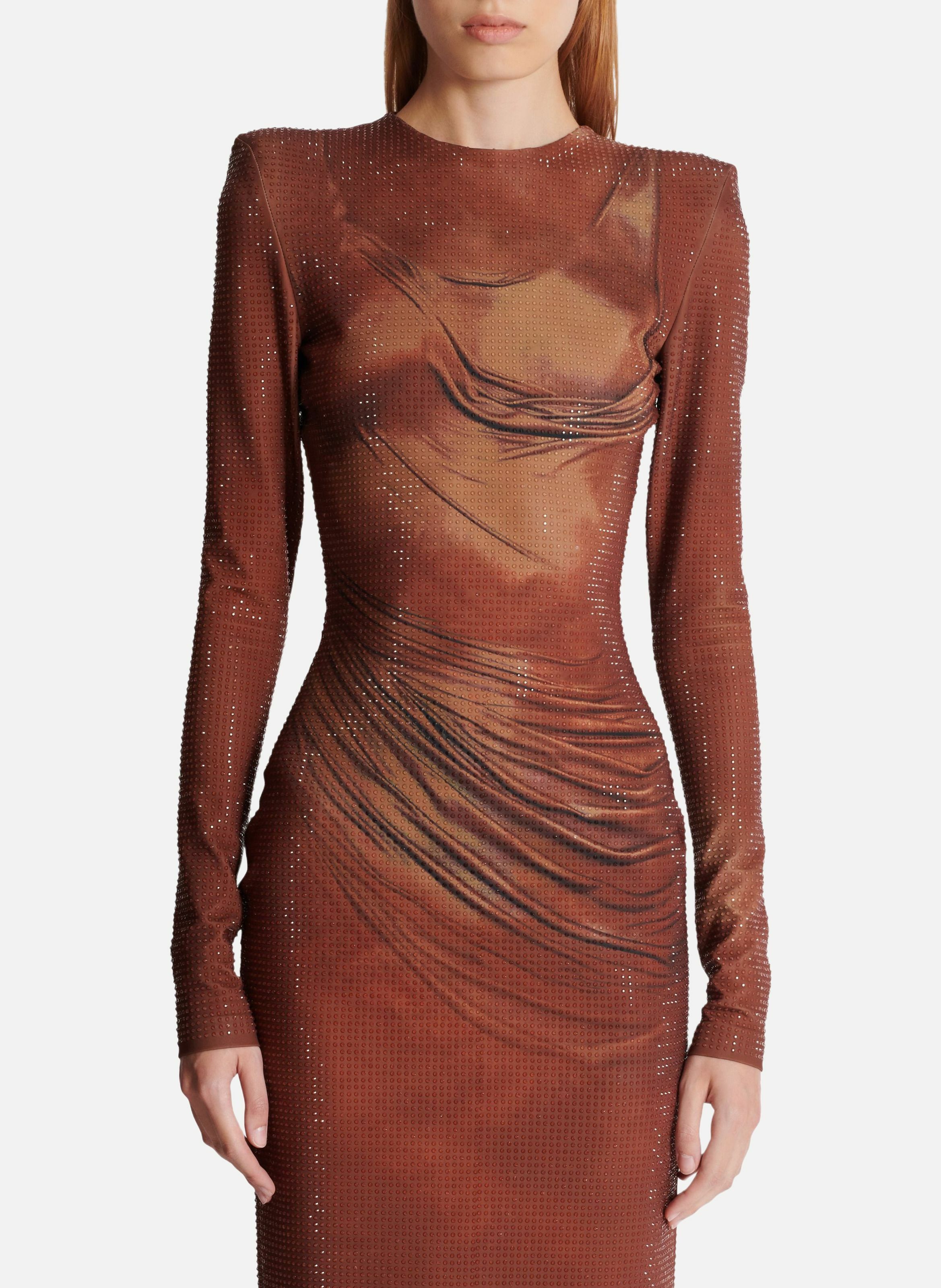 Robe longue imprimée et strassée BALMAIN Marron