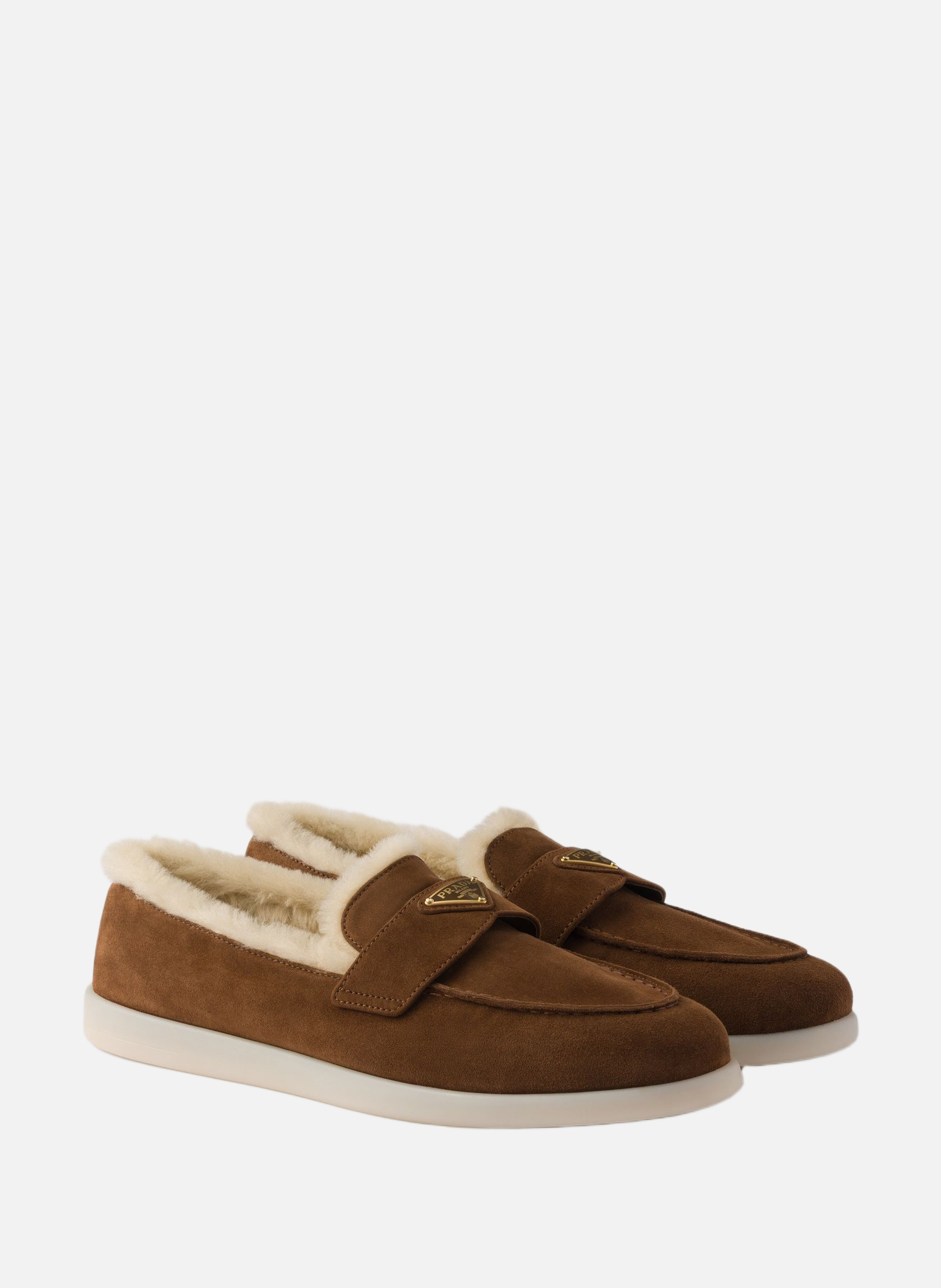 Mocassins en veau velours et shearling PRADA Marron