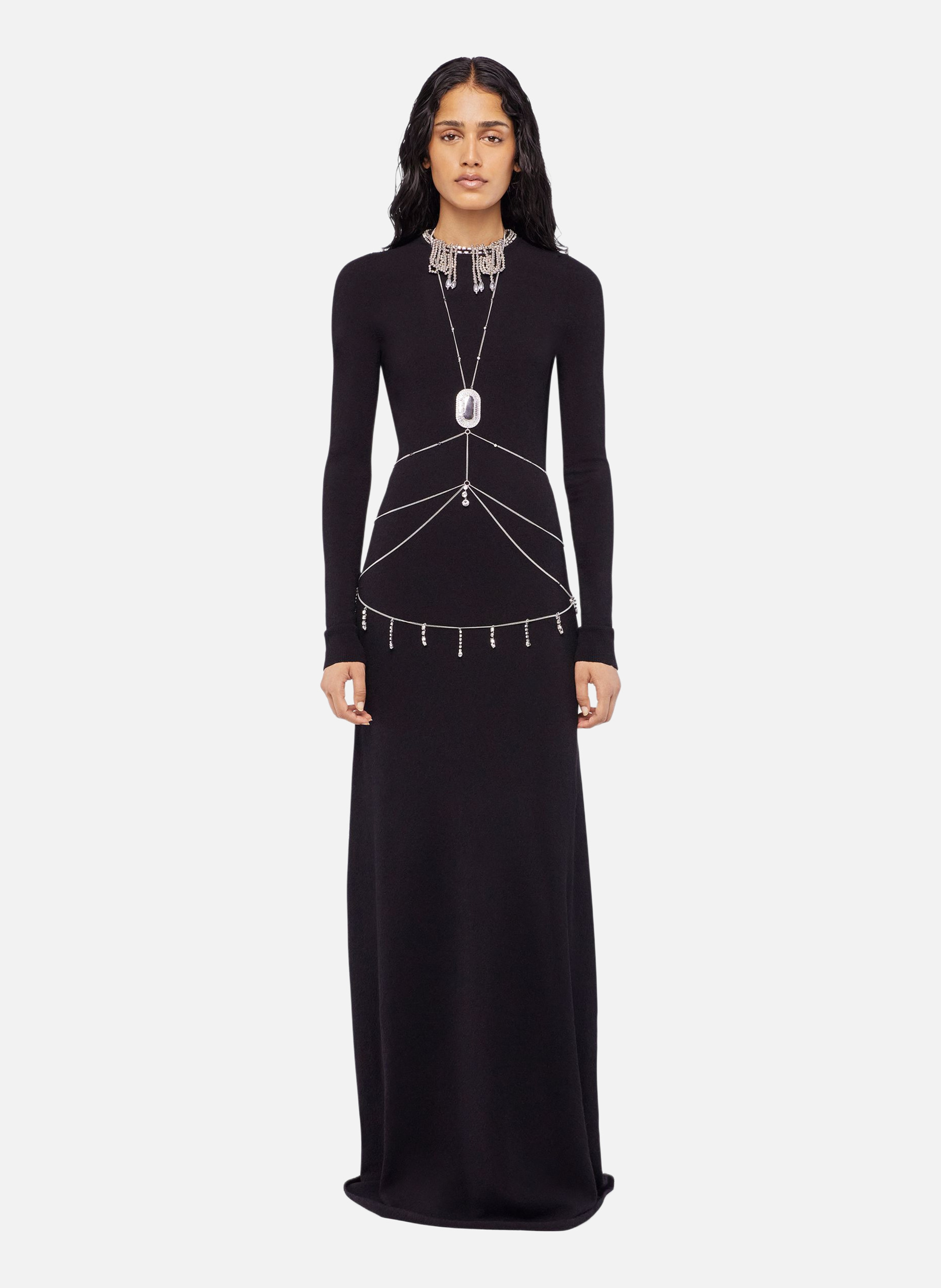 Robe longue dos nu en maille brodée RABANNE Noir