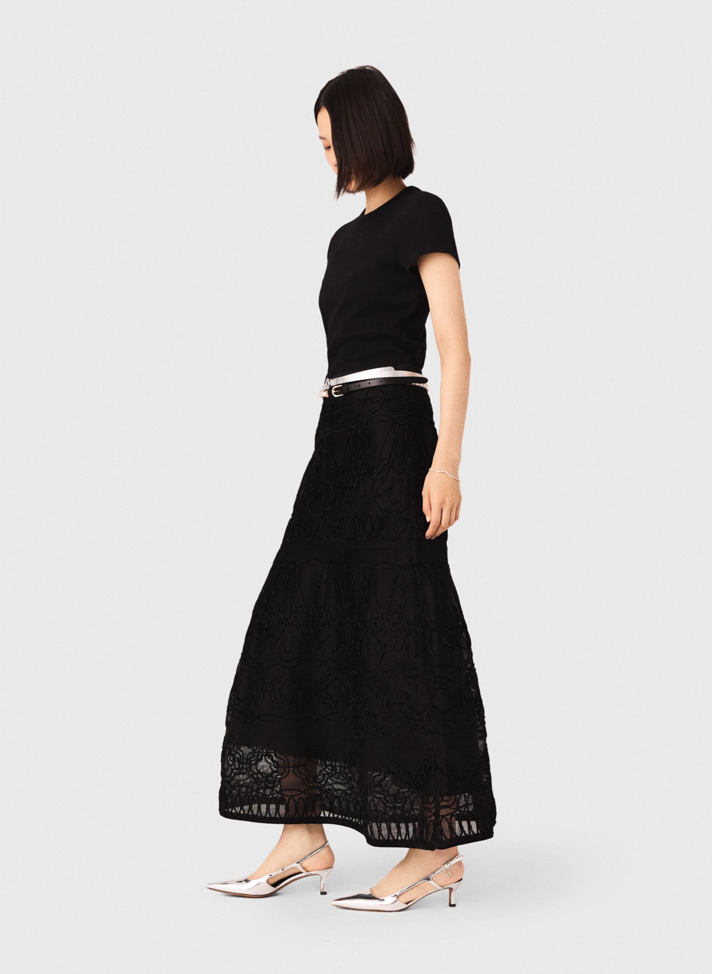 Jupe longue à broderies florales MAJE Noir