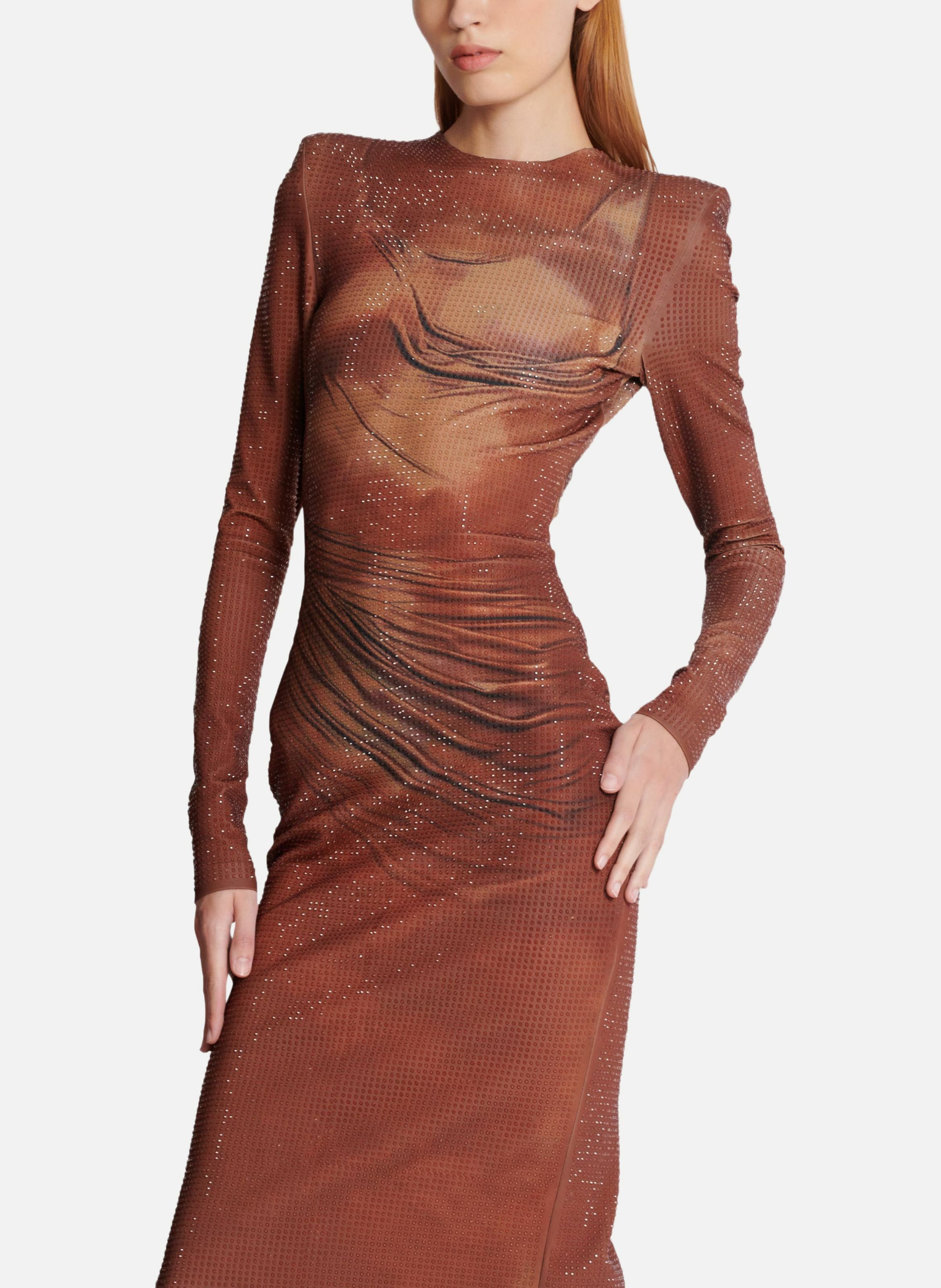 Robe longue imprimée et strassée BALMAIN Marron