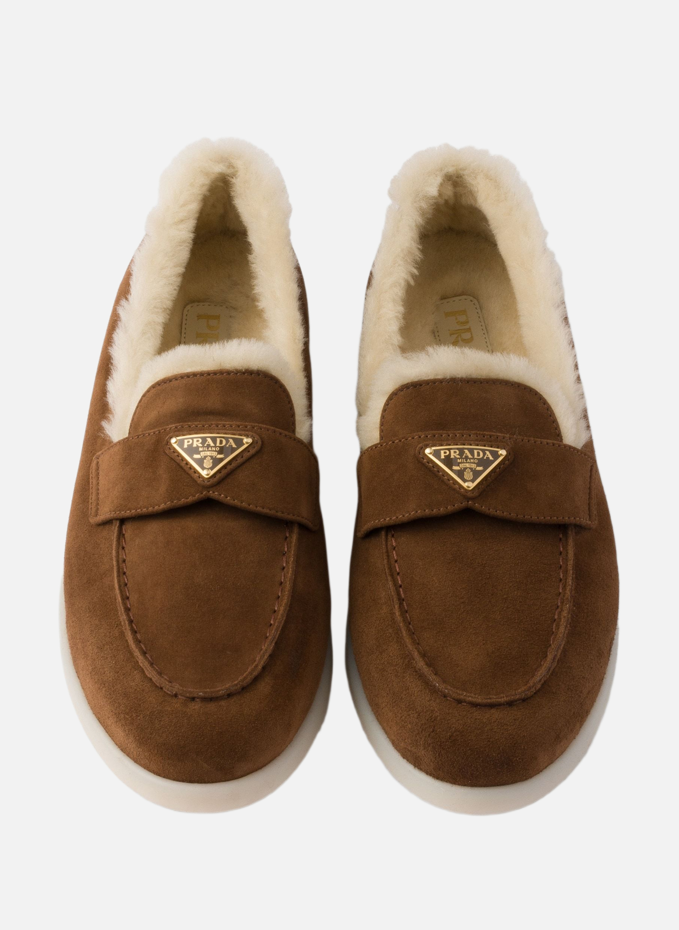 Mocassins en veau velours et shearling PRADA Marron