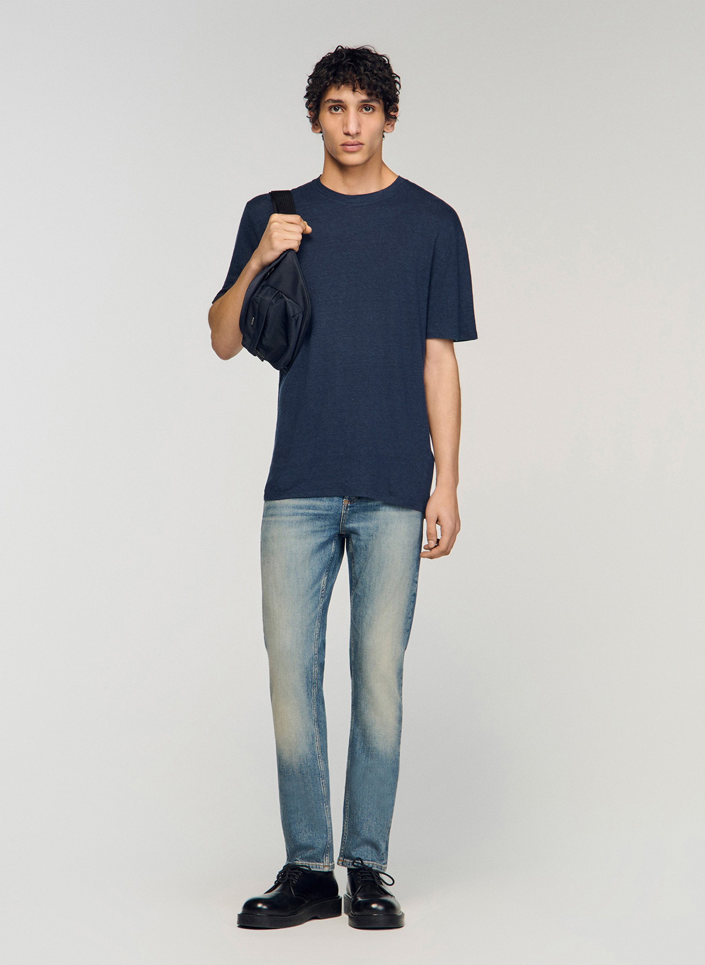 Tee-shirt col rond regular-fit en lin SANDRO Bleu