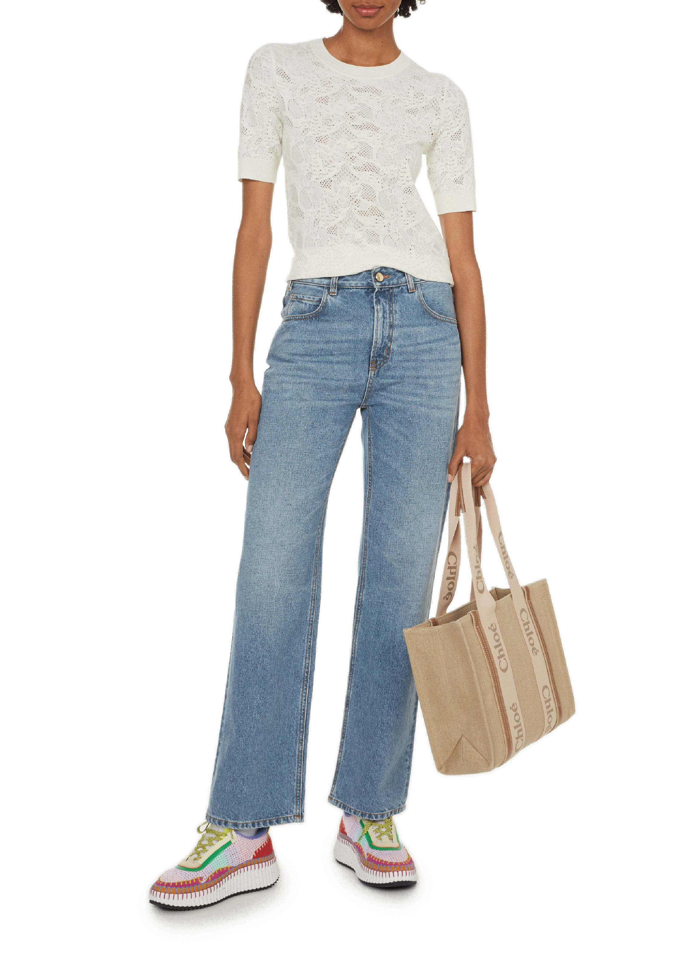 Sac cabas Woody en cuir et toile CHLOÉ Beige