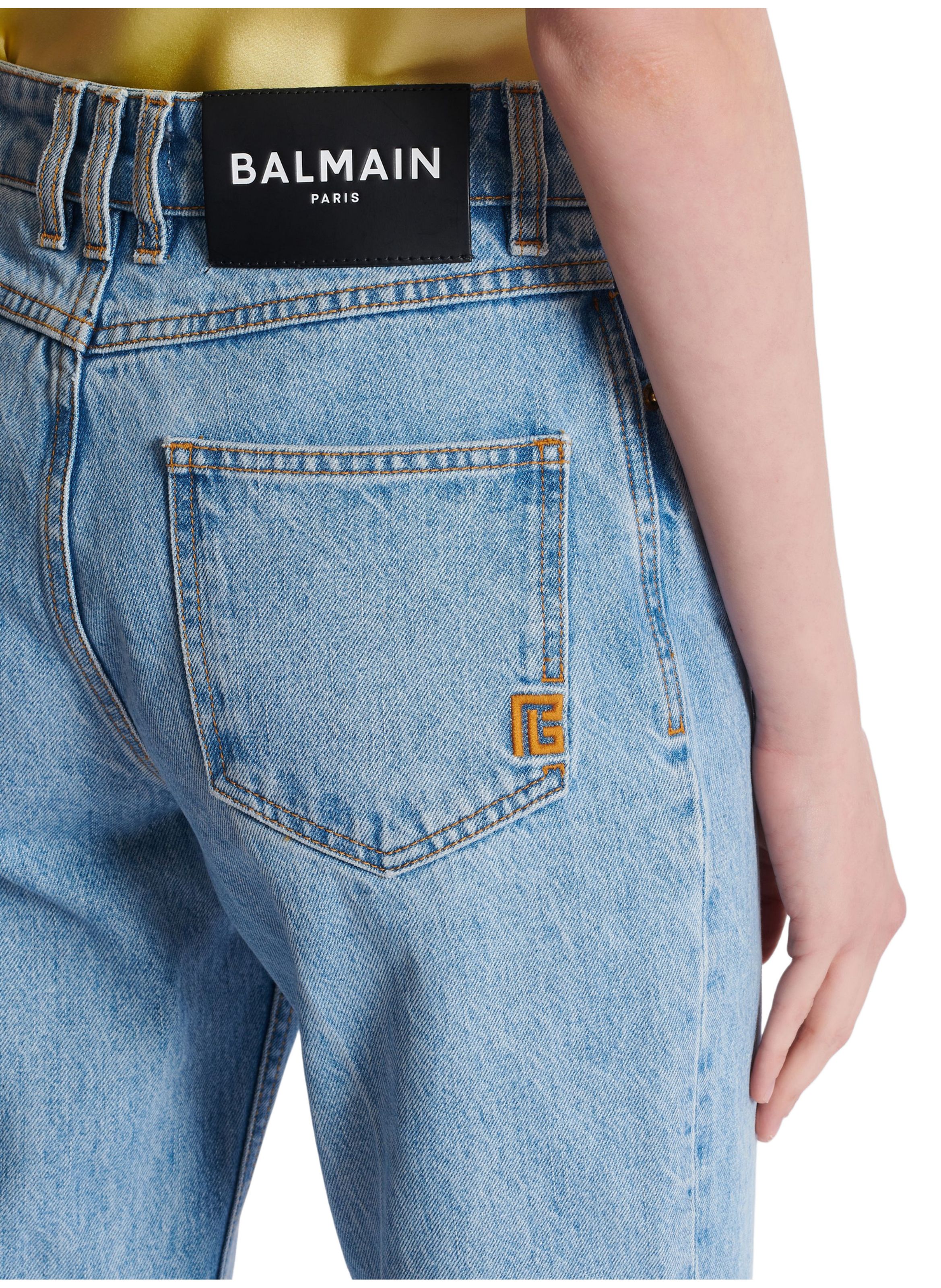 Pantalon taille haute en denim BALMAIN Bleu
