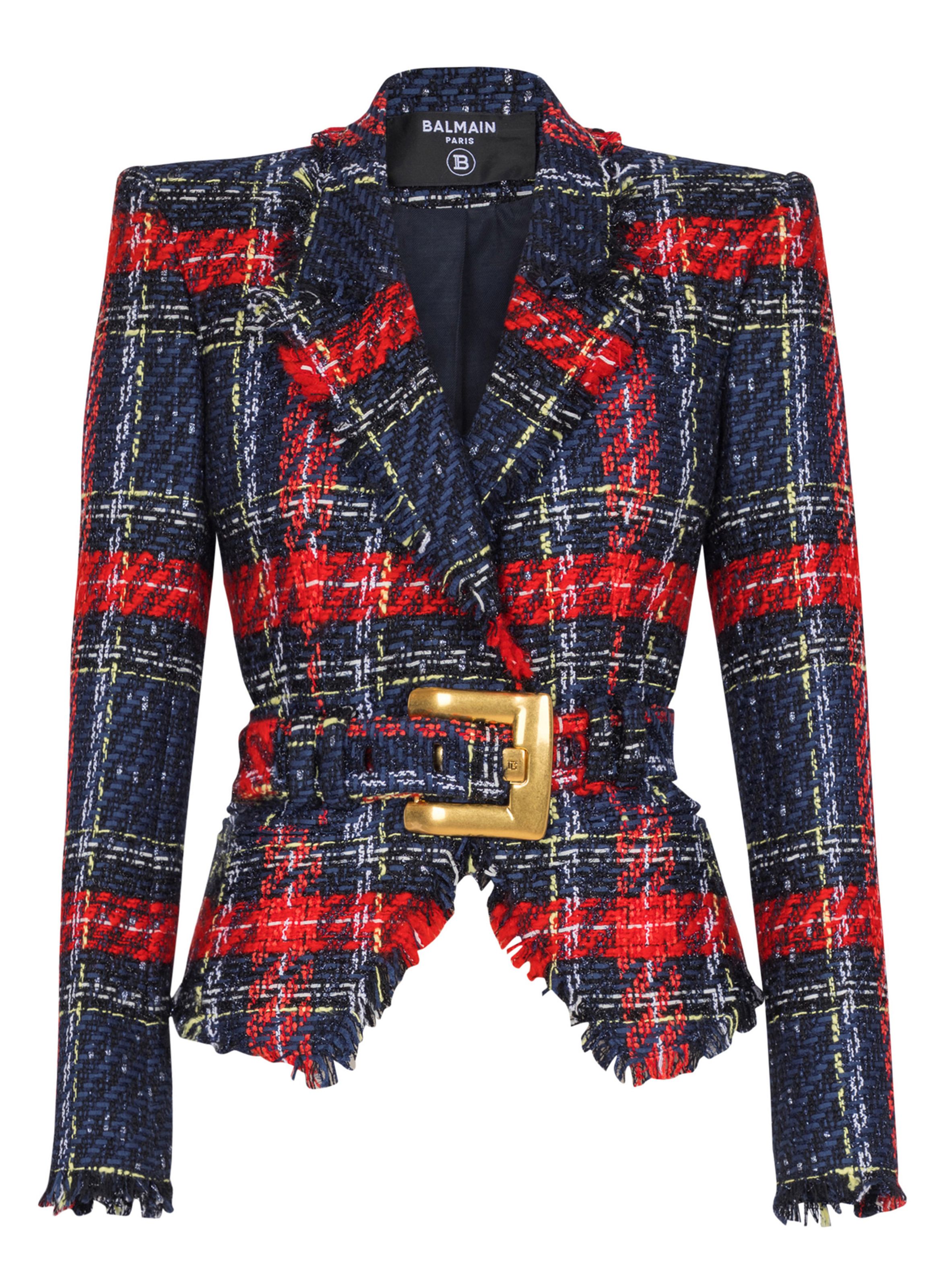 Veste ceinturée en tweed tartan BALMAIN Rouge