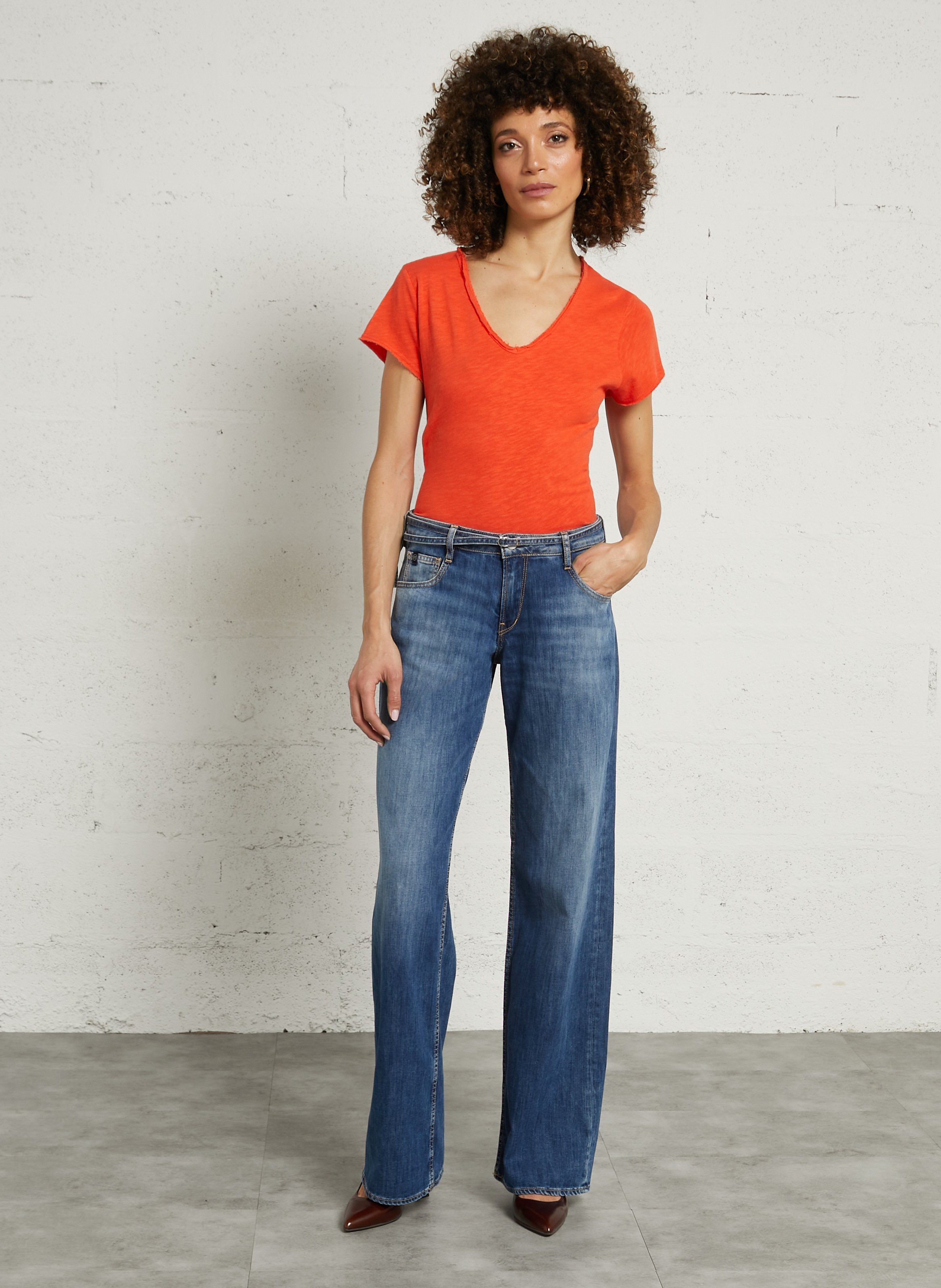 Tee-shirt droit col v en coton sonoma AMERICAN VINTAGE Orange