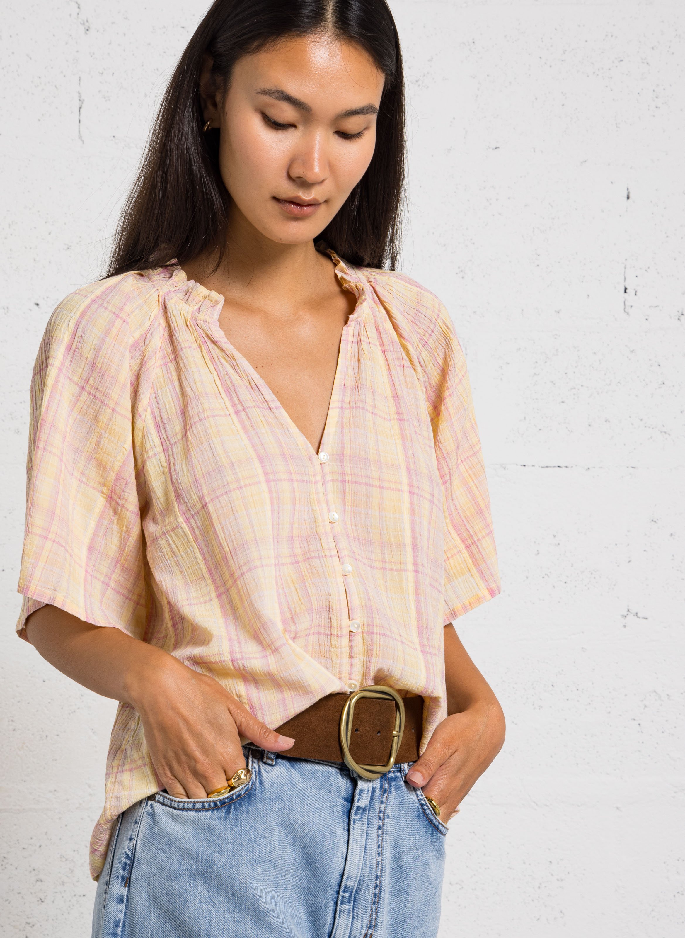 Chemise oversize col rond en coton imprimé maddy MAISON 123 Beige