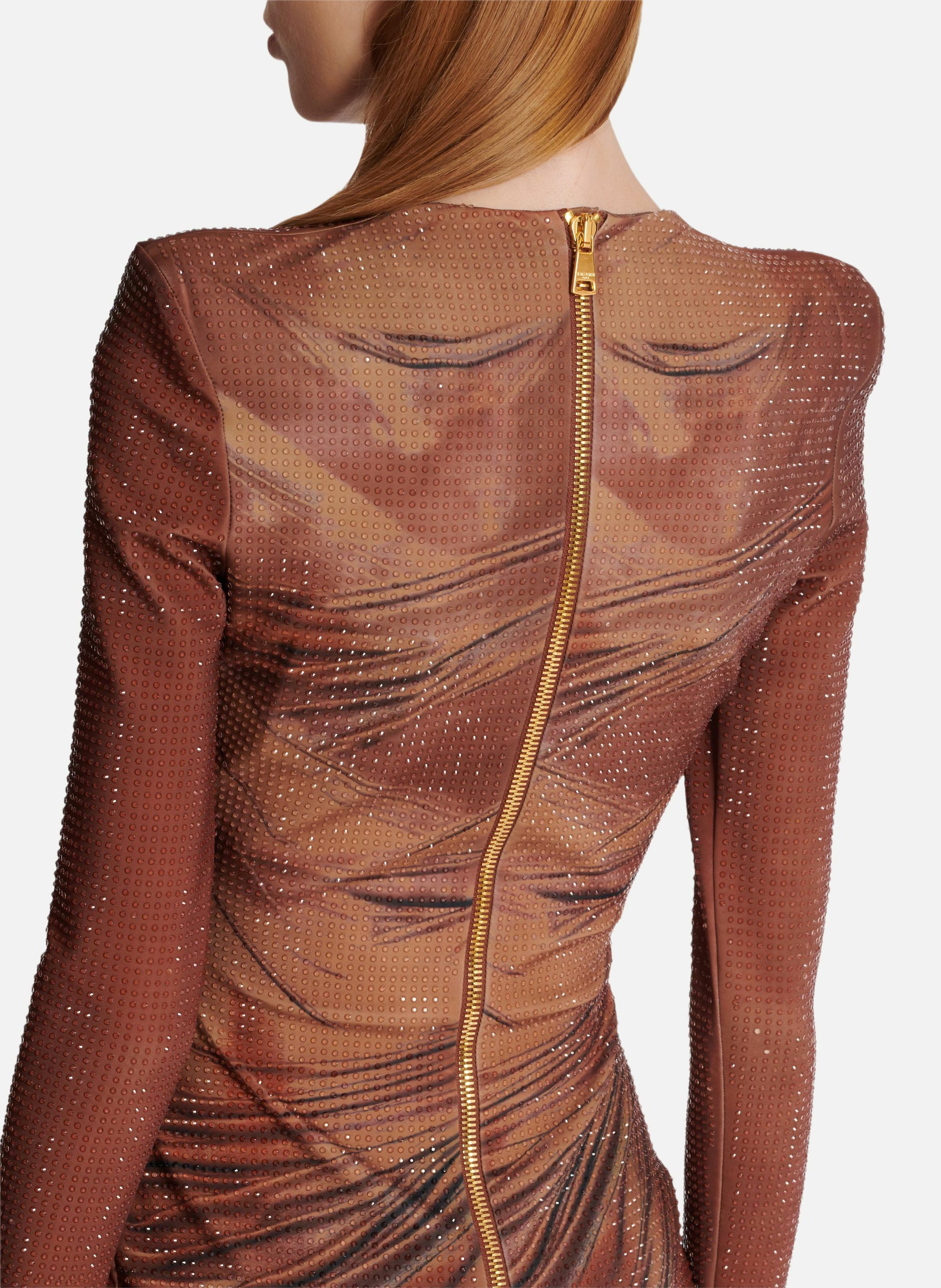 Robe longue imprimée et strassée BALMAIN Marron