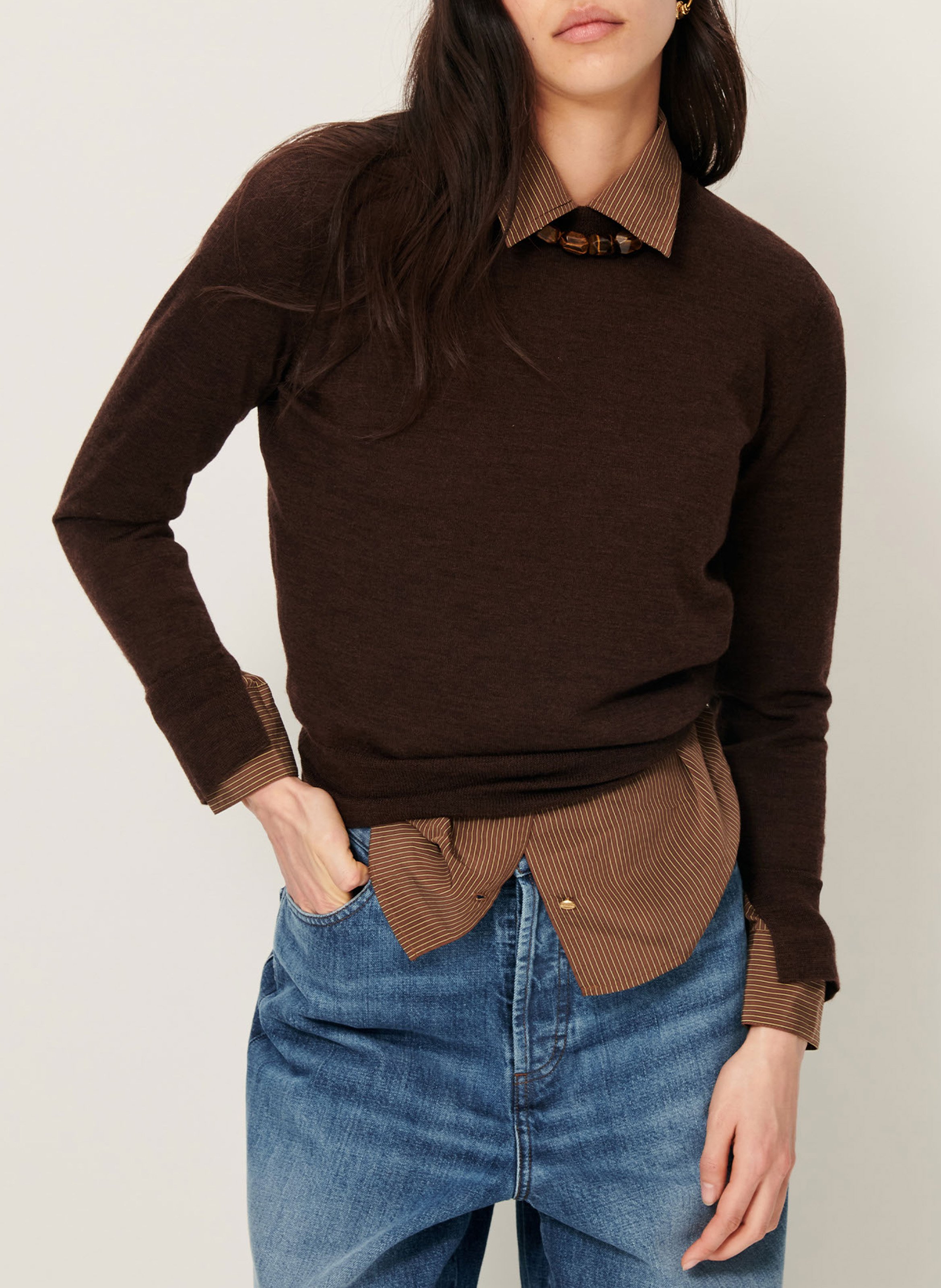 Pull col rond en laine teshima SESSUN Marron