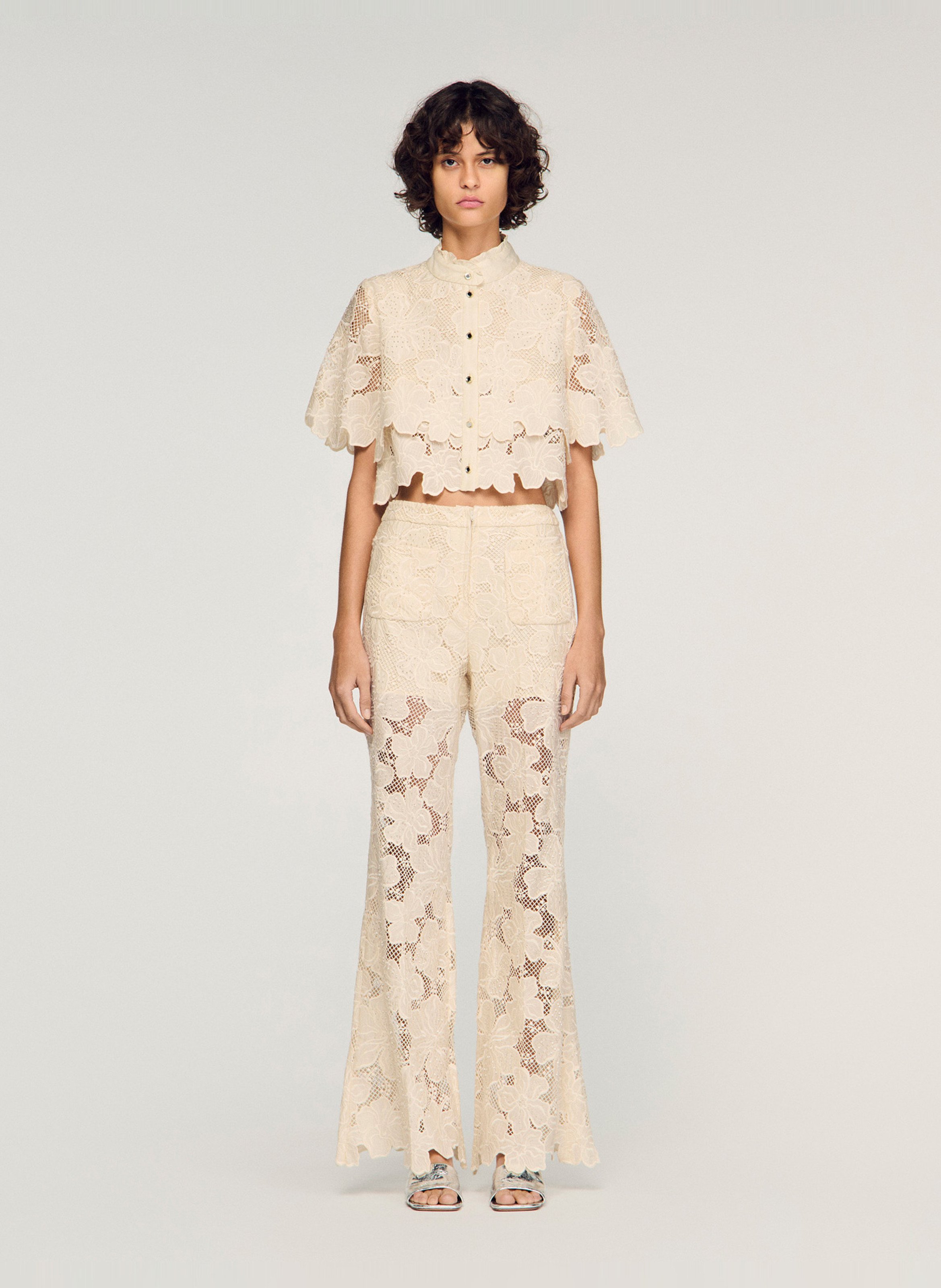 Pantalon évasé en guipure SANDRO Beige