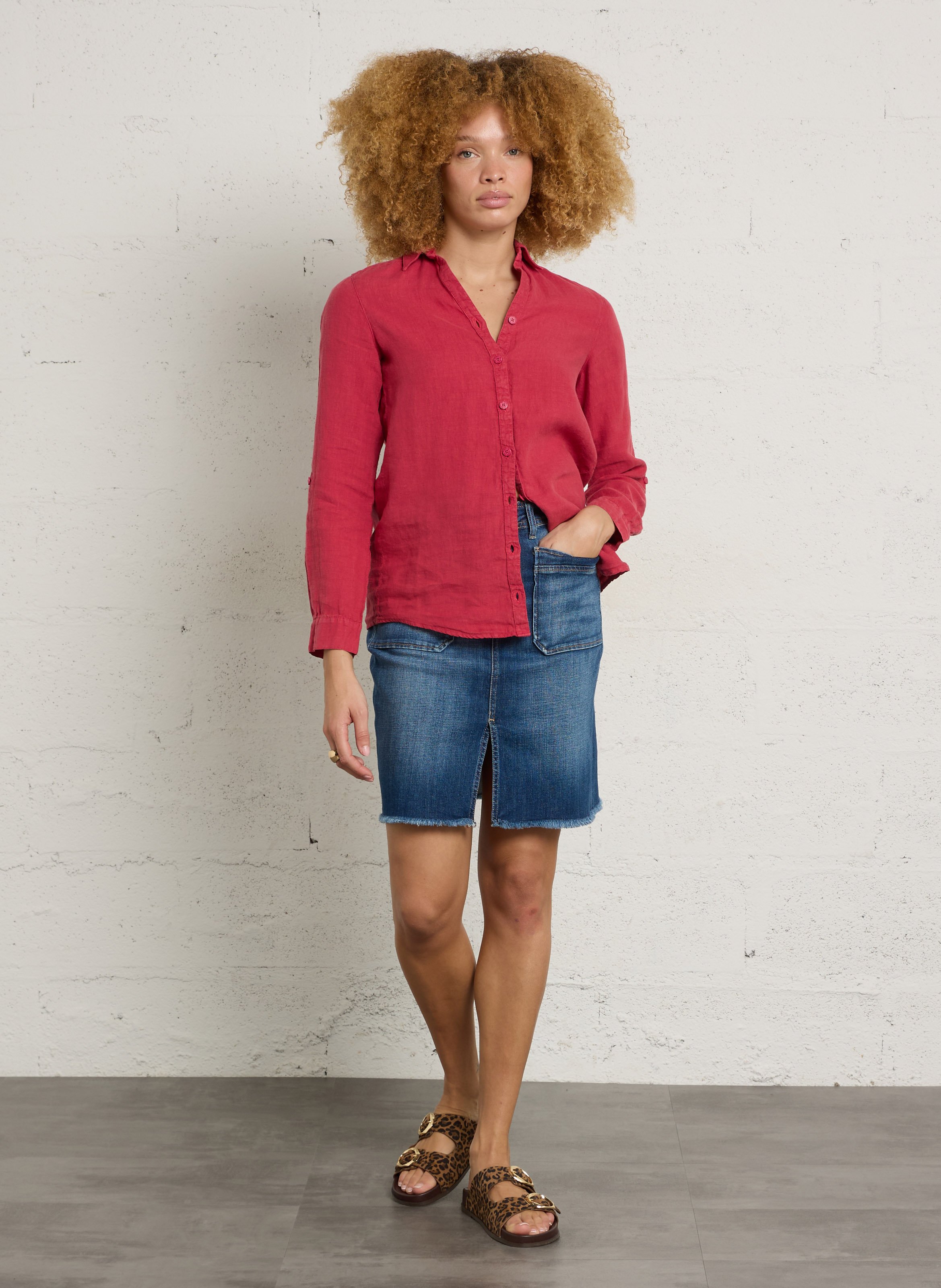 Chemise droite col v en lin ARMOR-LUX Rose