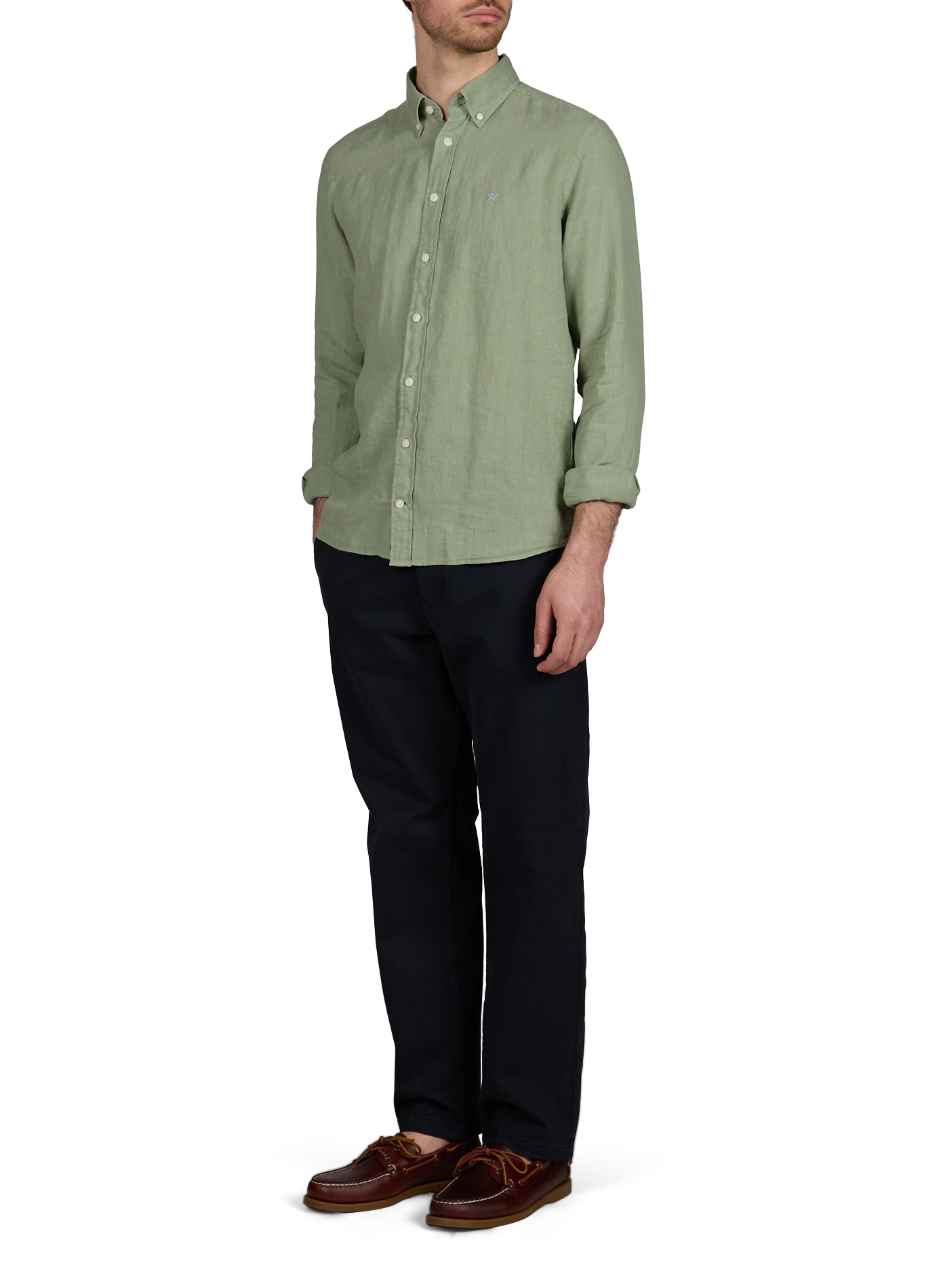Straight linen shirt with American collar HACKETT Green