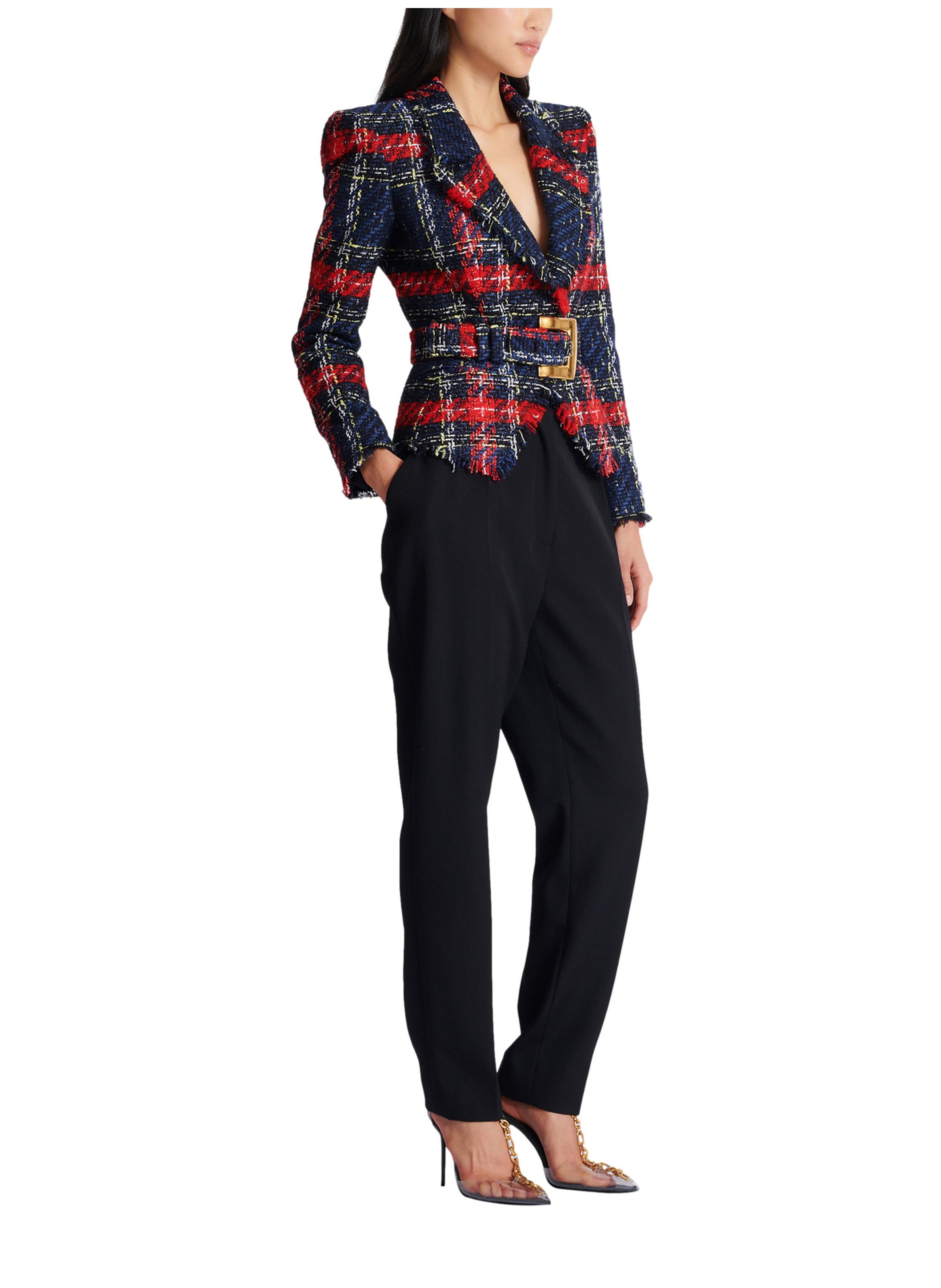 Veste ceinturée en tweed tartan BALMAIN Rouge