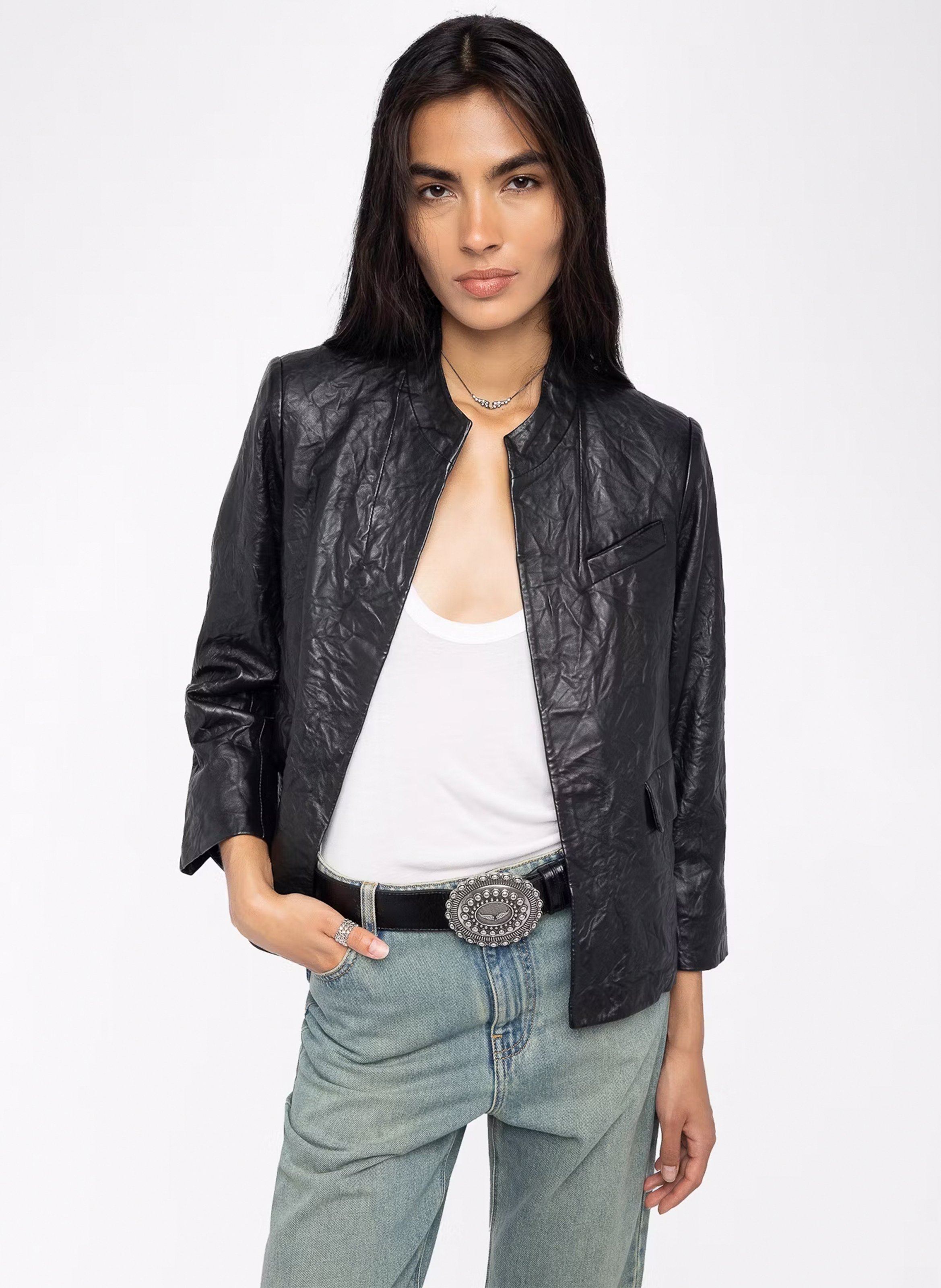 Blouson col rond en cuir veryn ZADIG&VOLTAIRE Noir