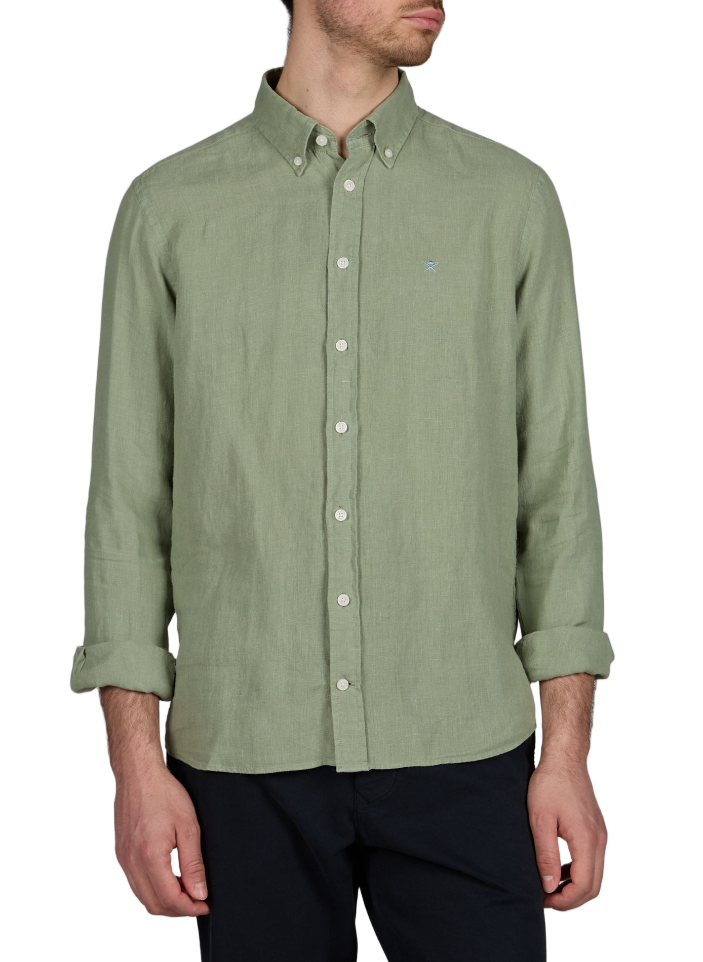 Straight linen shirt with American collar HACKETT Green