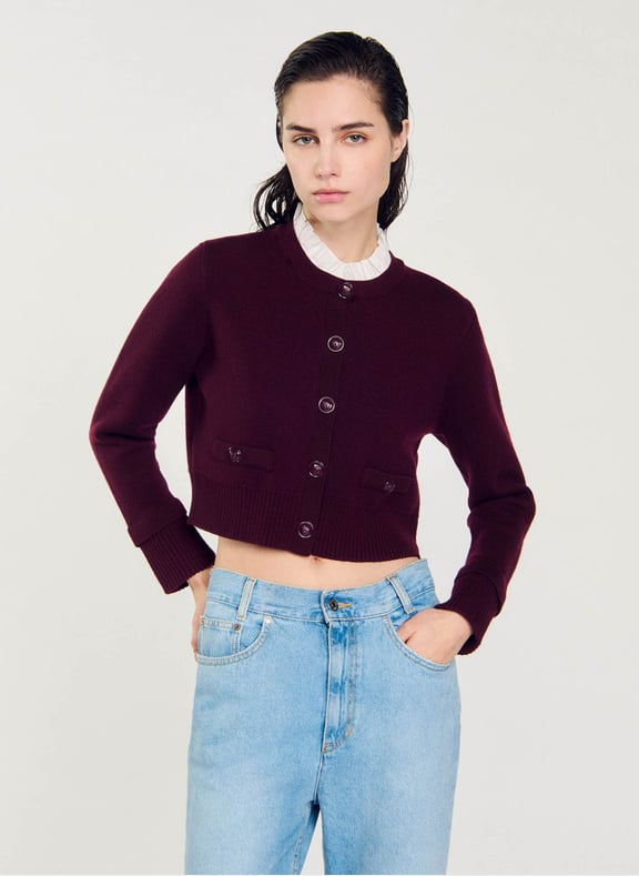 Cardigan droit col rond amovible en maille Rouge by SANDRO SANDRO Cardigan droit col rond amovible en maille Rouge